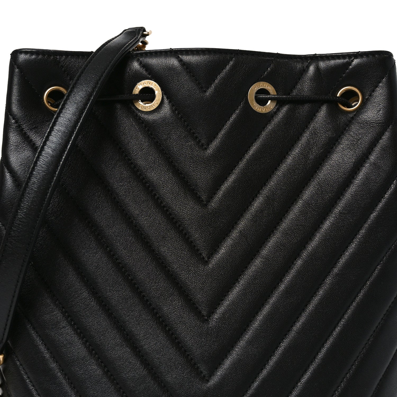 Chanel Sheepskin Chevron Quilted Drawstring Bag Black 8 of 10