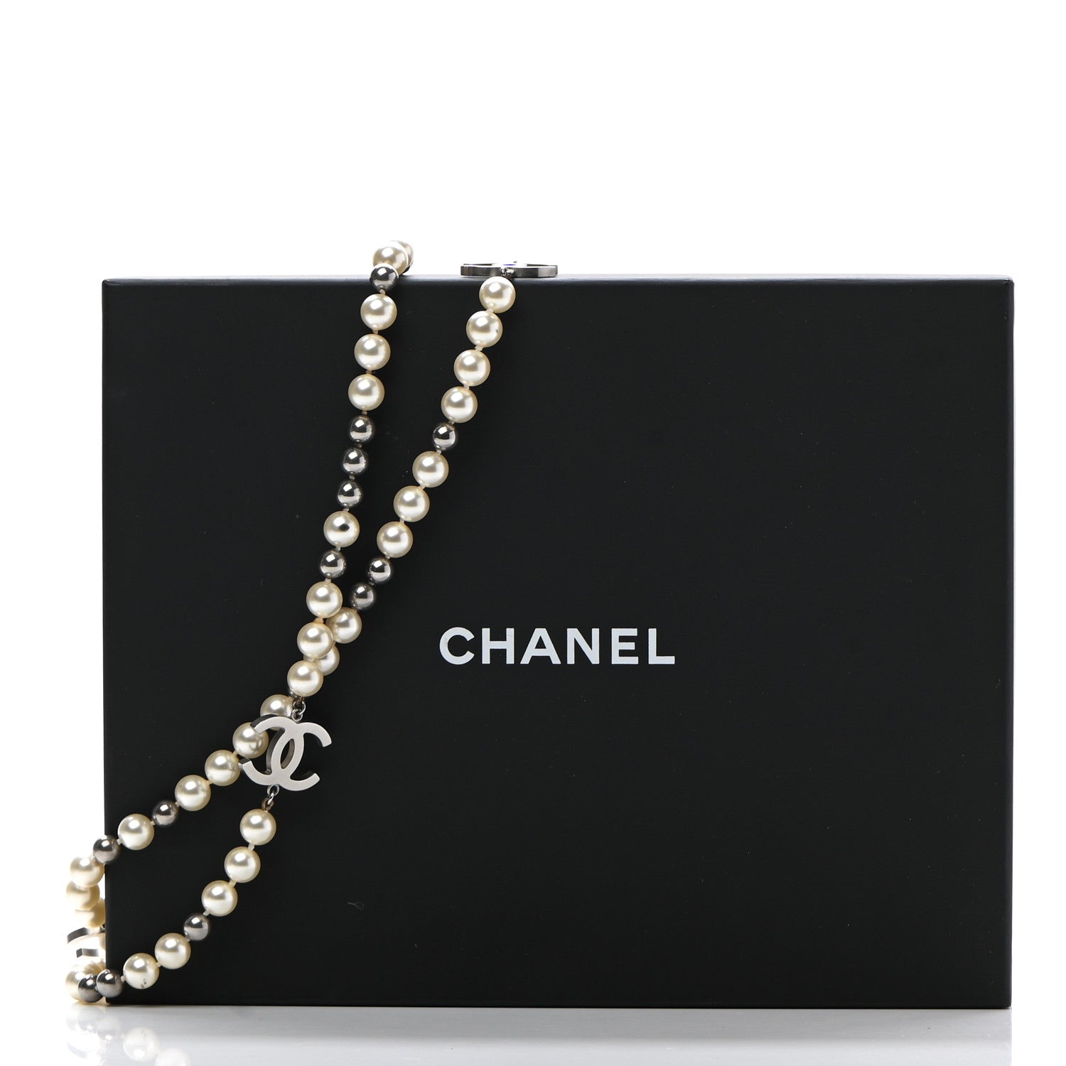 Chanel Pearl CC Long Necklace Silver Pearly White Grey 7 of 7