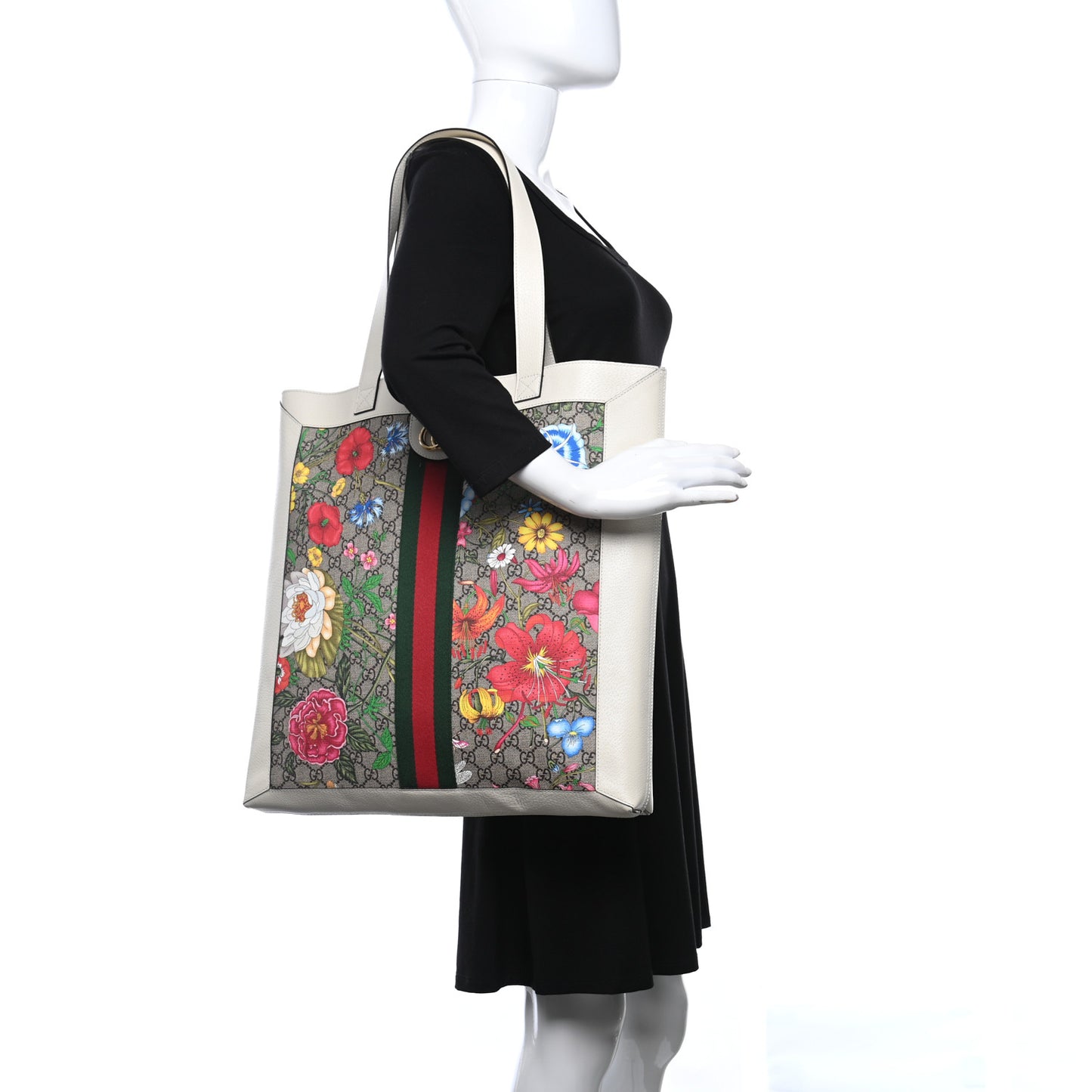 GG Supreme Monogram Flora Web Ophidia Vertical Shopping Tote White