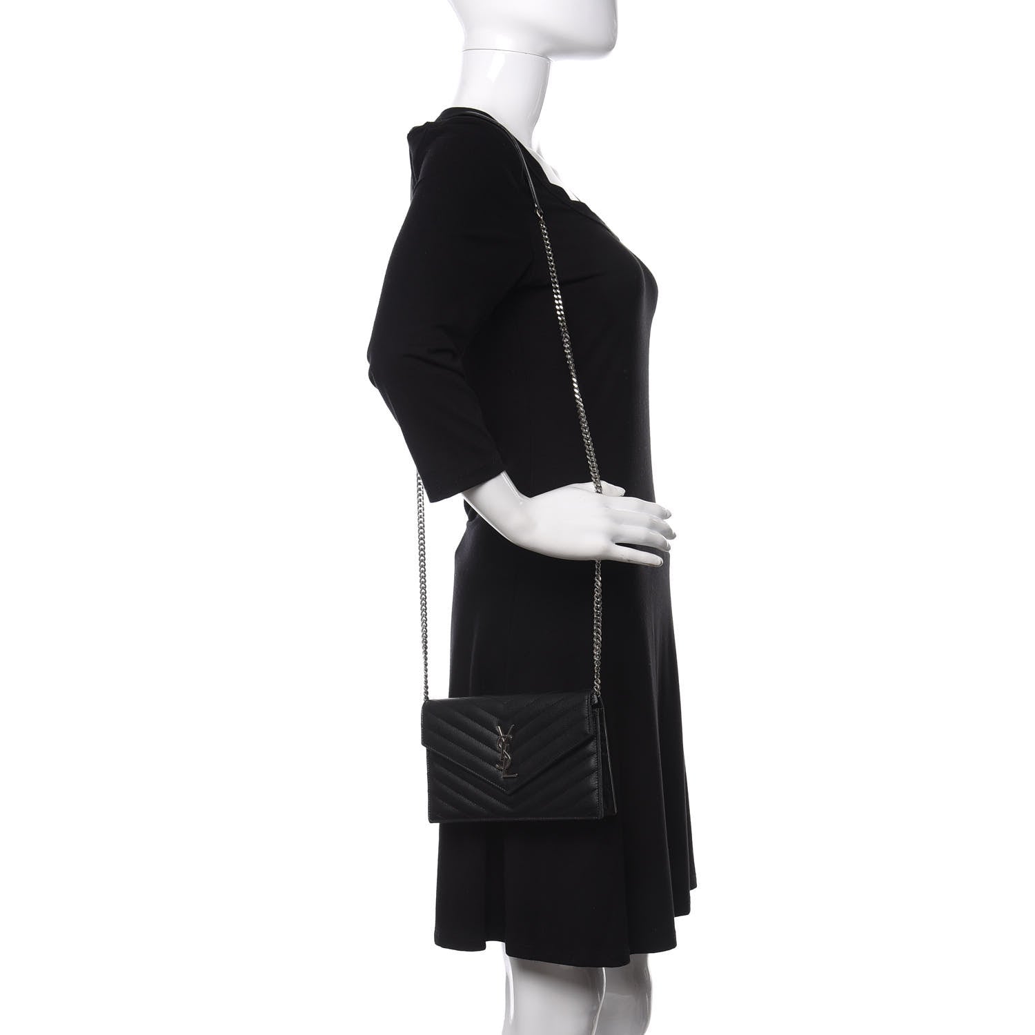 Saint Laurent Grain De Poudre Matelasse Chevron Monogram Envelope Chain Wallet Black 2 of 11