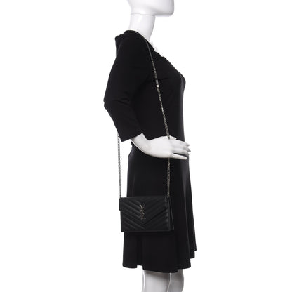 Saint Laurent Grain De Poudre Matelasse Chevron Monogram Envelope Chain Wallet Black 2 of 11