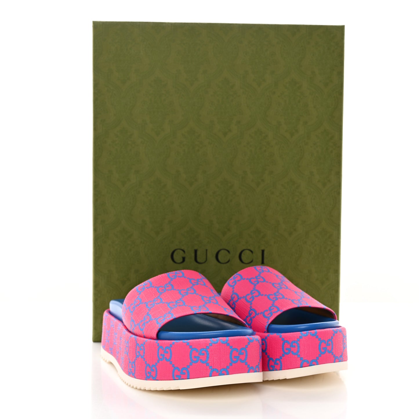 GG Supreme Joy Monogram Angelina Platform Slide Sandals 35 Fuxia Blue