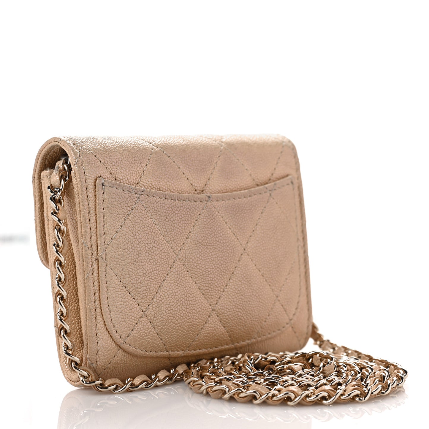 Iridescent Caviar Quilted Flap Card Holder On Chain Beige