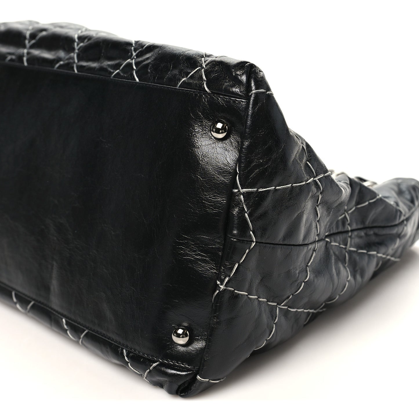 Glazed Goatskin Double Contrast Stitch Tote Black