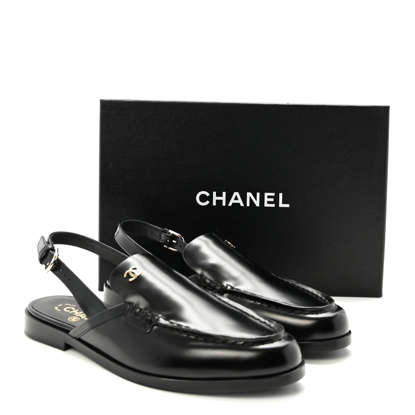 Shiny Calfskin Slingback Loafers 40.5 Black