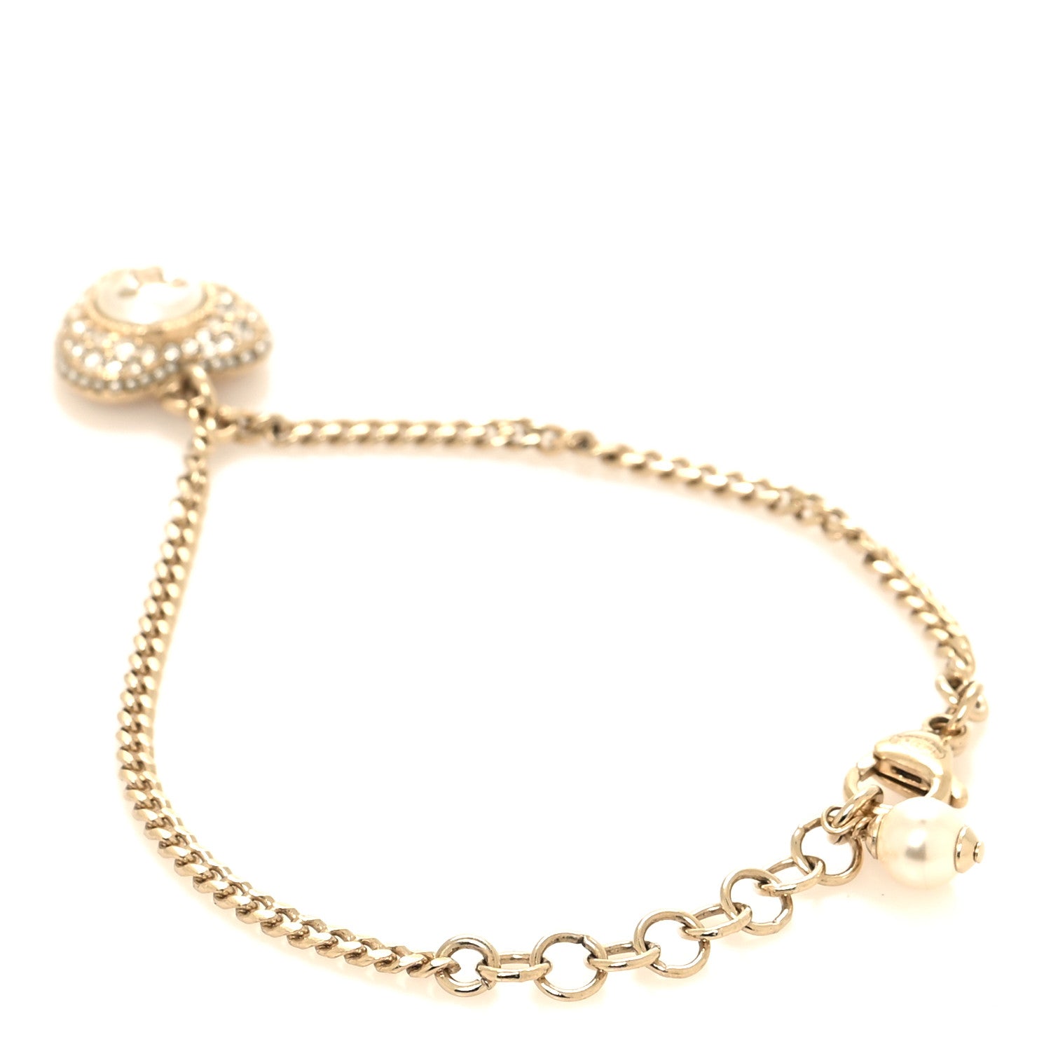 Chanel Crystal Pearl Chain Heart Bracelet Gold 3 of 6