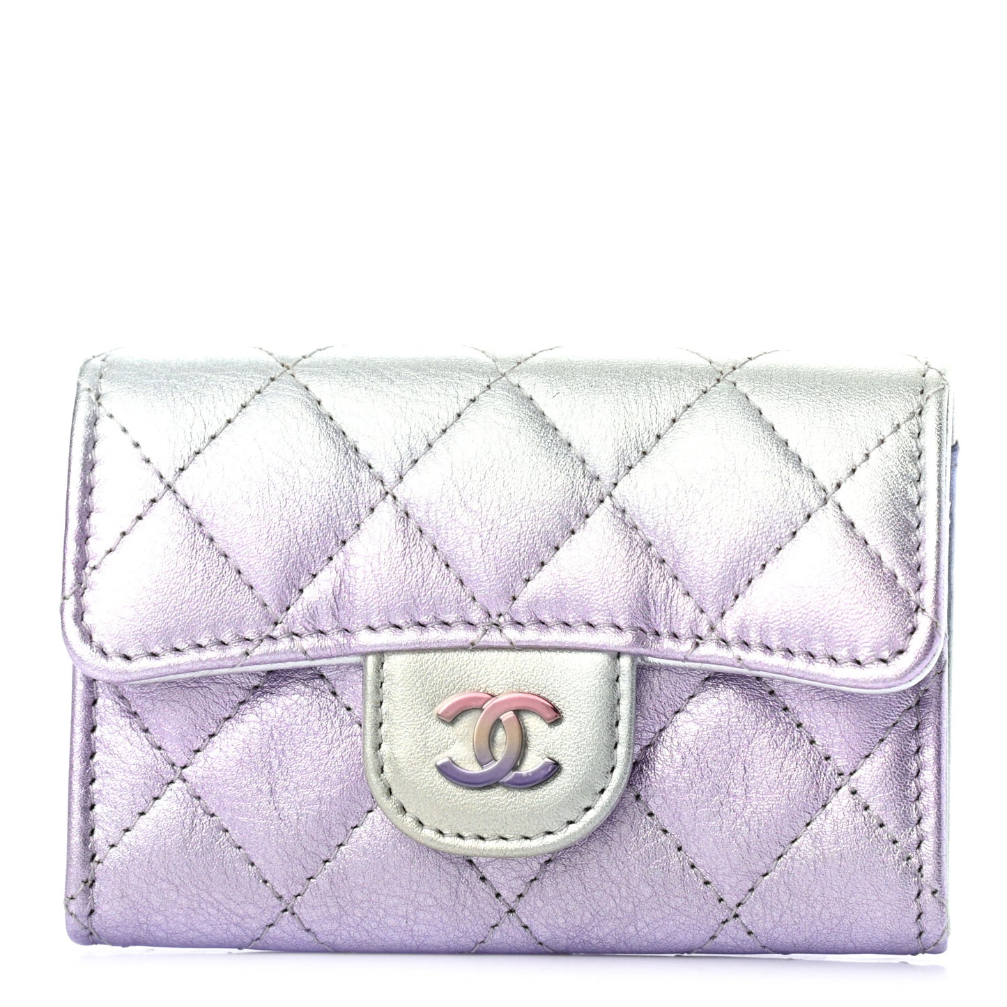 Gradient Metallic Calfskin Quilted Flap Card Holder Wallet Silver Blue Yellow Purple