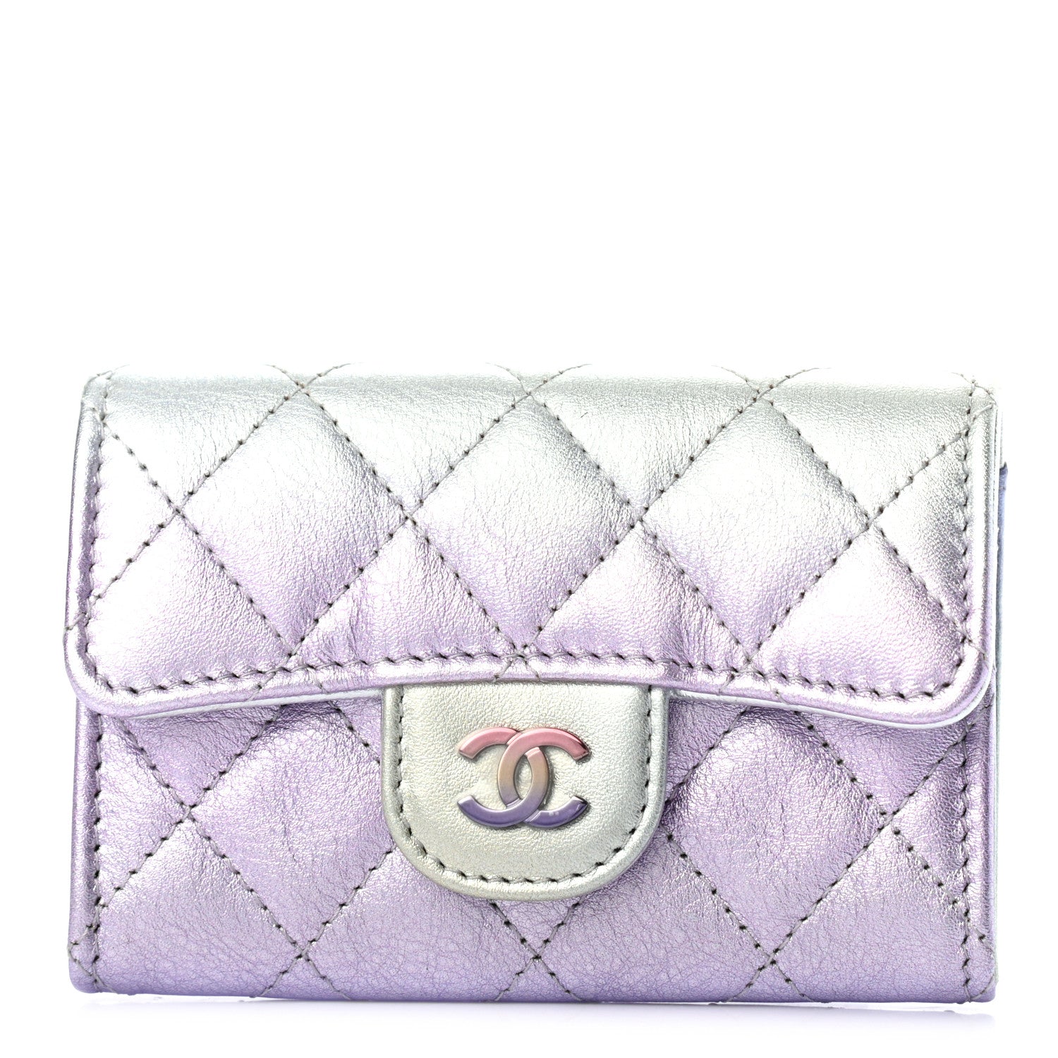 Chanel Gradient Metallic Calfskin Quilted Flap Card Holder Wallet Silver Blue Yellow Purple 1 of 8