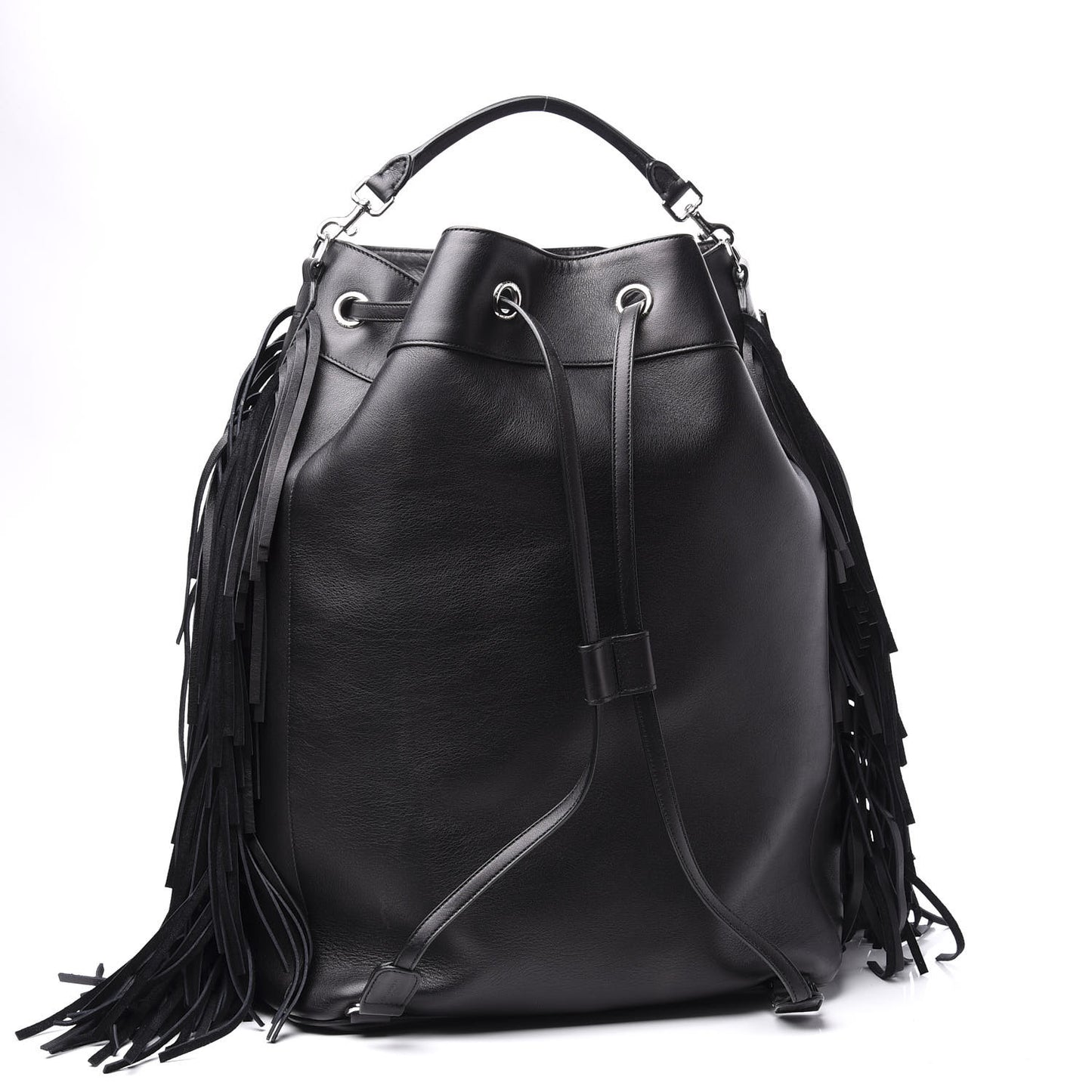 Calfskin Fringe Bucket Bag Black