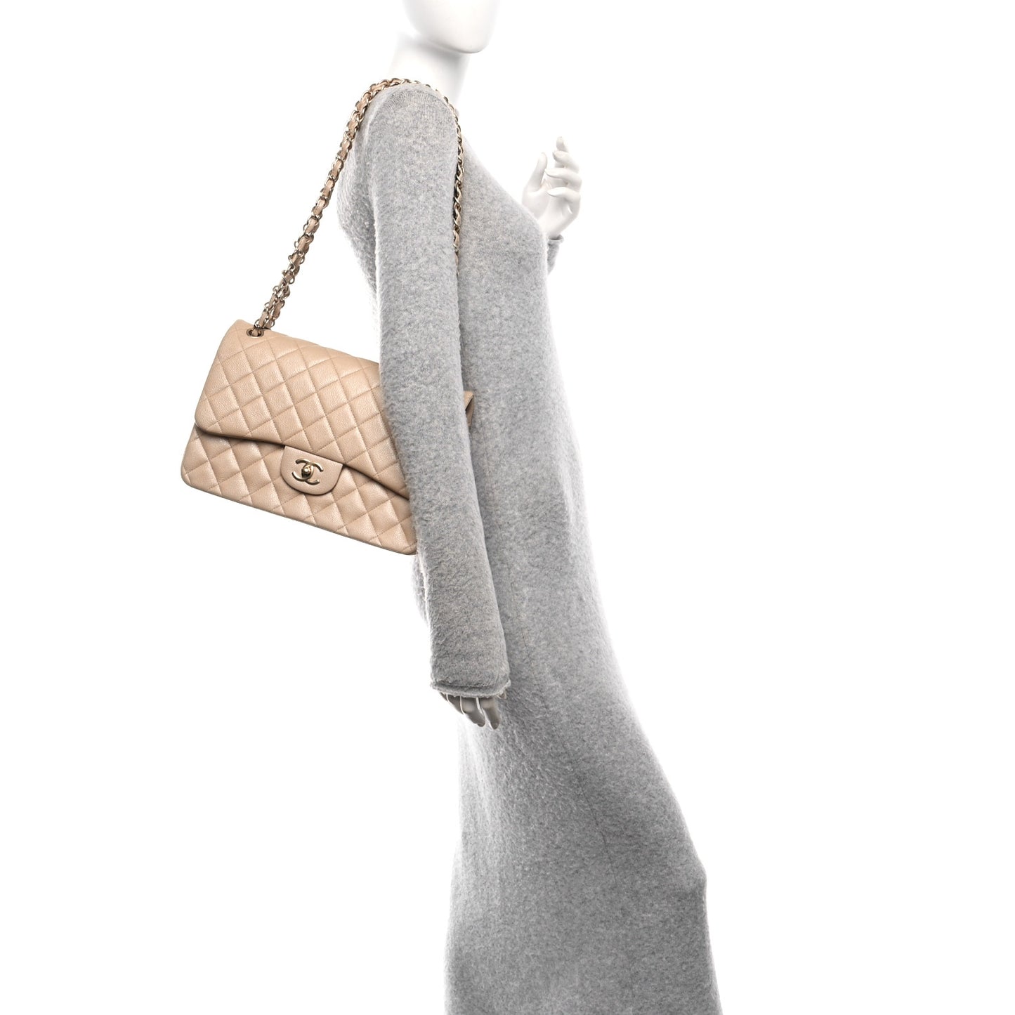 Iridescent Caviar Quilted Jumbo Double Flap Beige