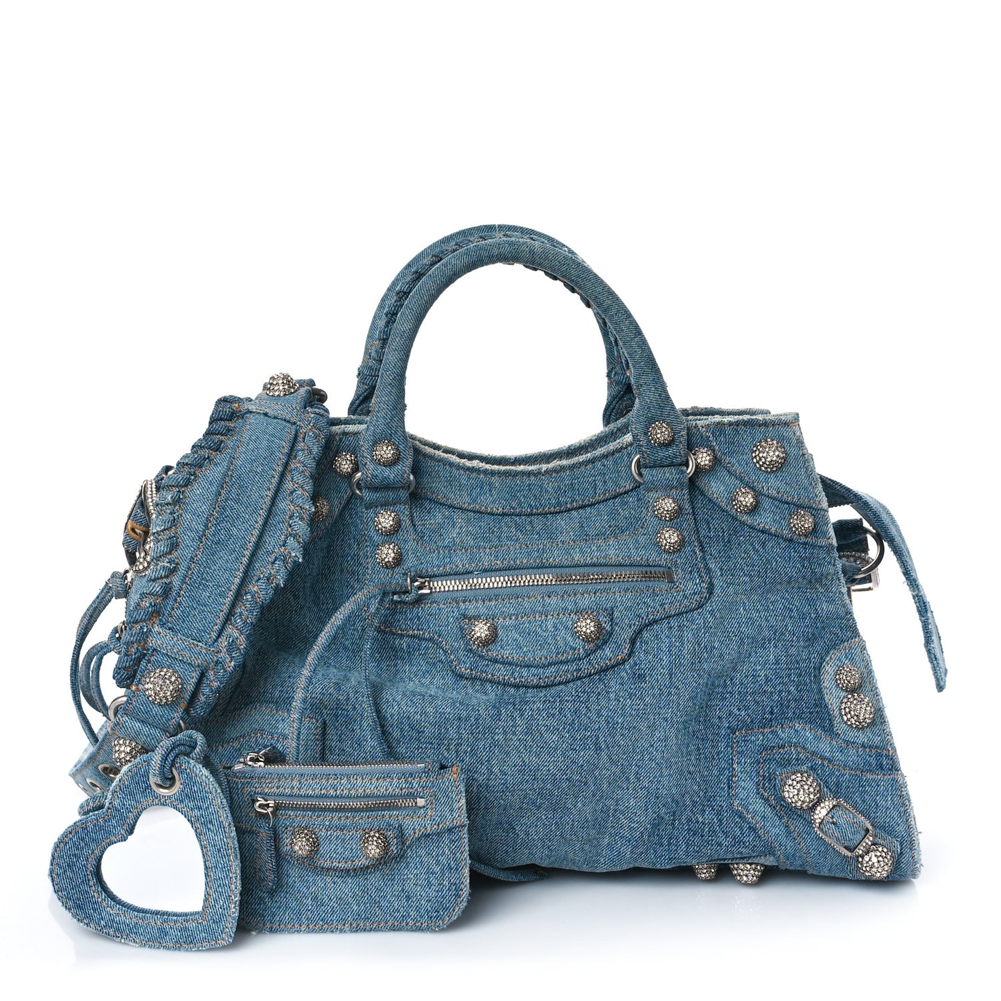 Washed Frayed Denim Crystal Neo Cagole City Handbag Blue