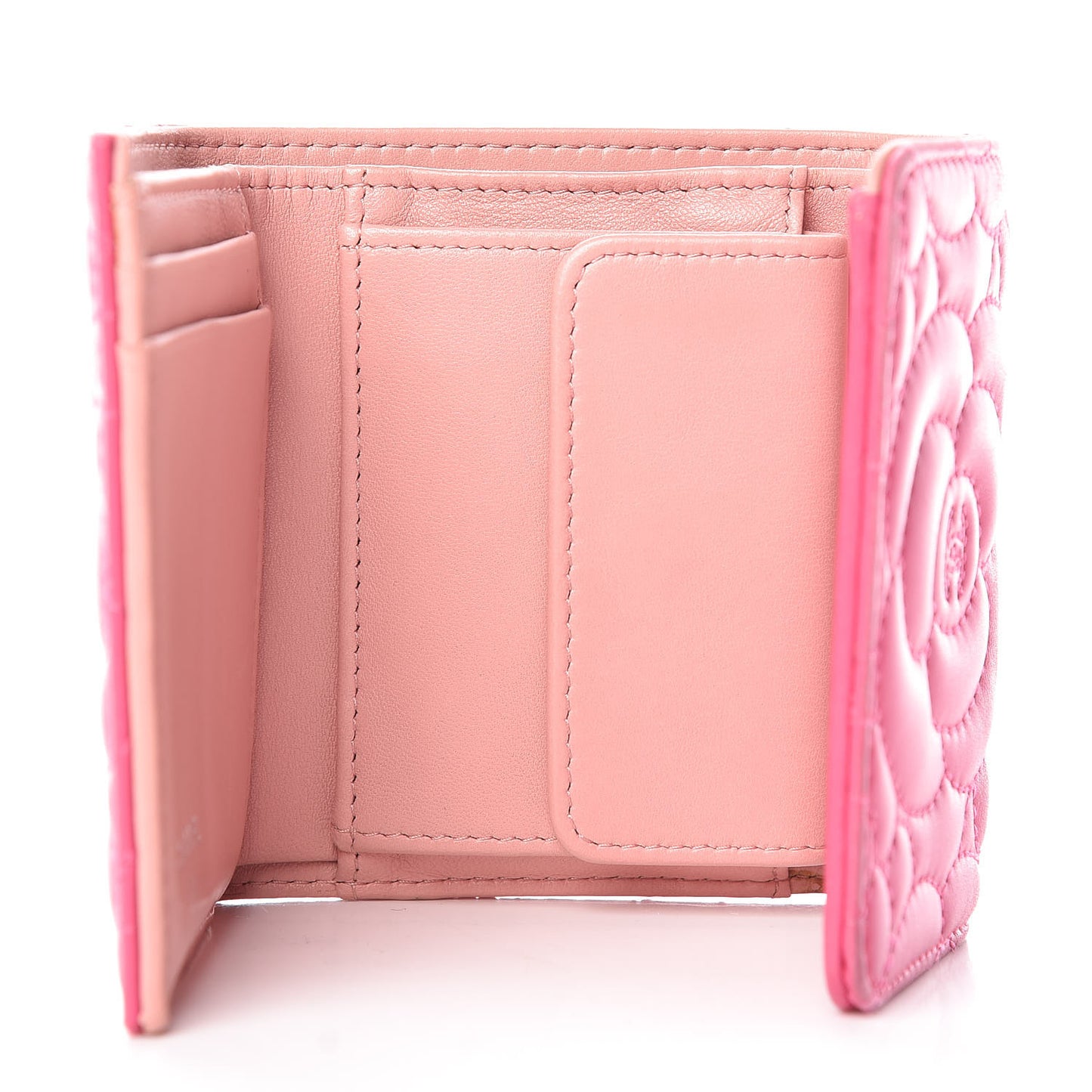 Lambskin Camellia Embossed Compact Wallet Fuchsia