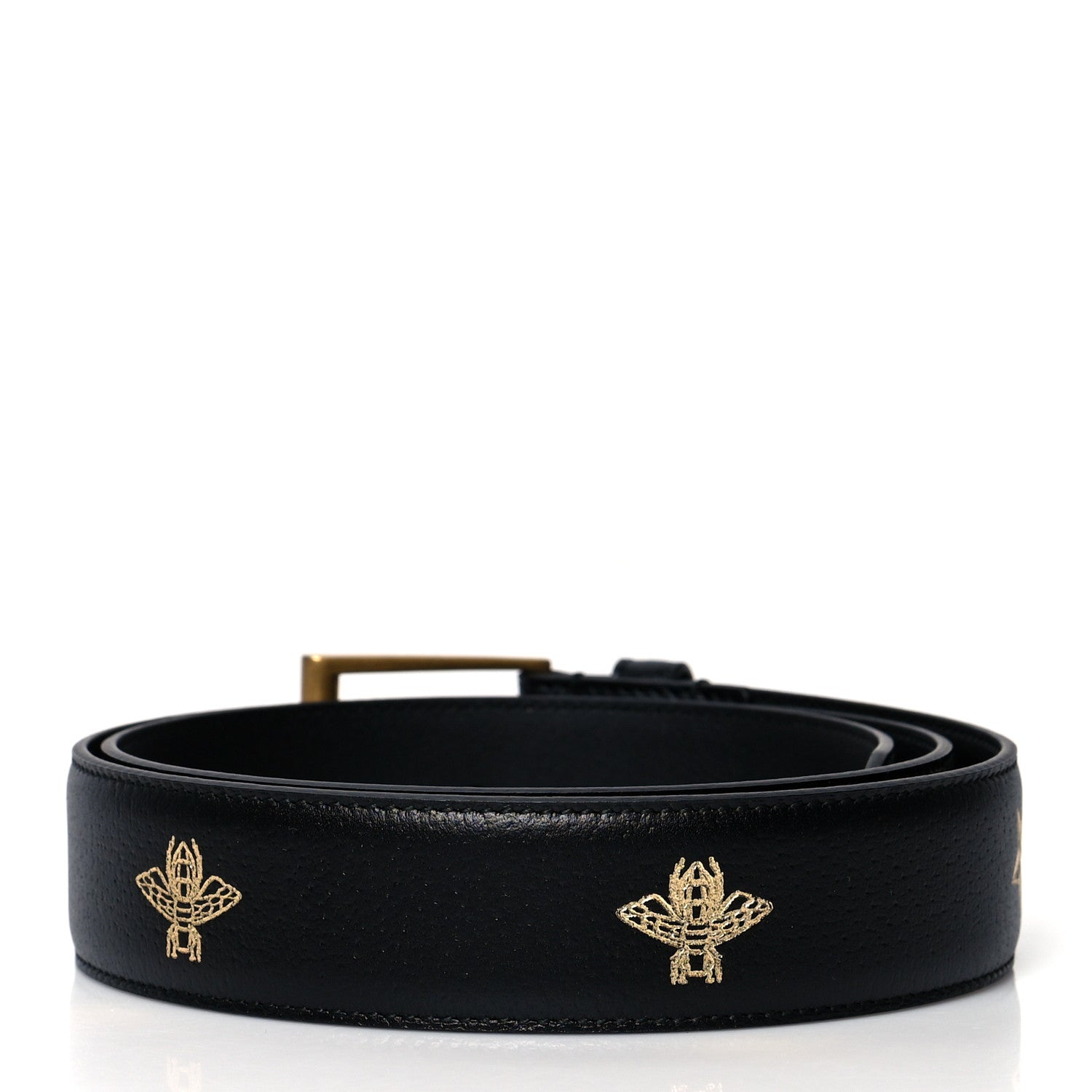 Gucci Textured Dollar Calfskin Bees And Stars Print Mens 35mm Belt 90 36 Black Gold 2 of 5