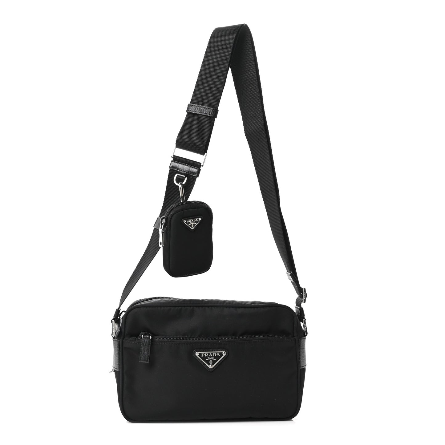 Re-Nylon Vela Saffiano Pocket Double Zip Shoulder Bag Black Black
