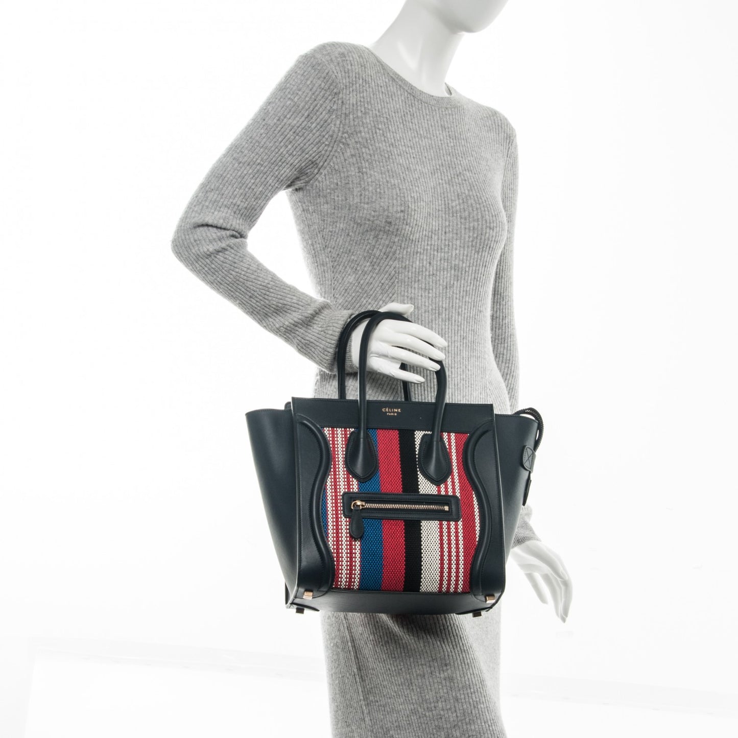 Smooth Calfskin Textile Striped Micro Luggage Navy Blue