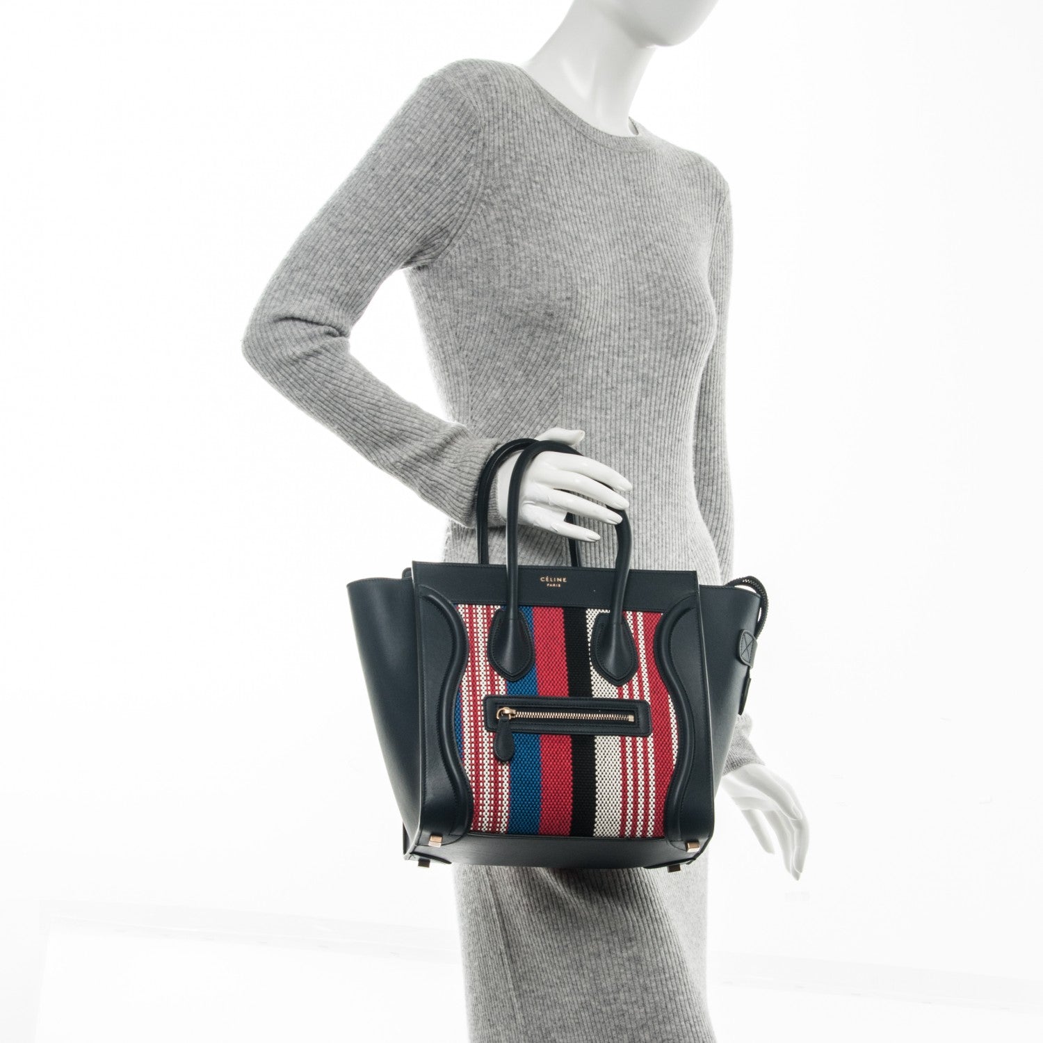 Celine Smooth Calfskin Textile Striped Micro Luggage Navy Blue 2 of 7