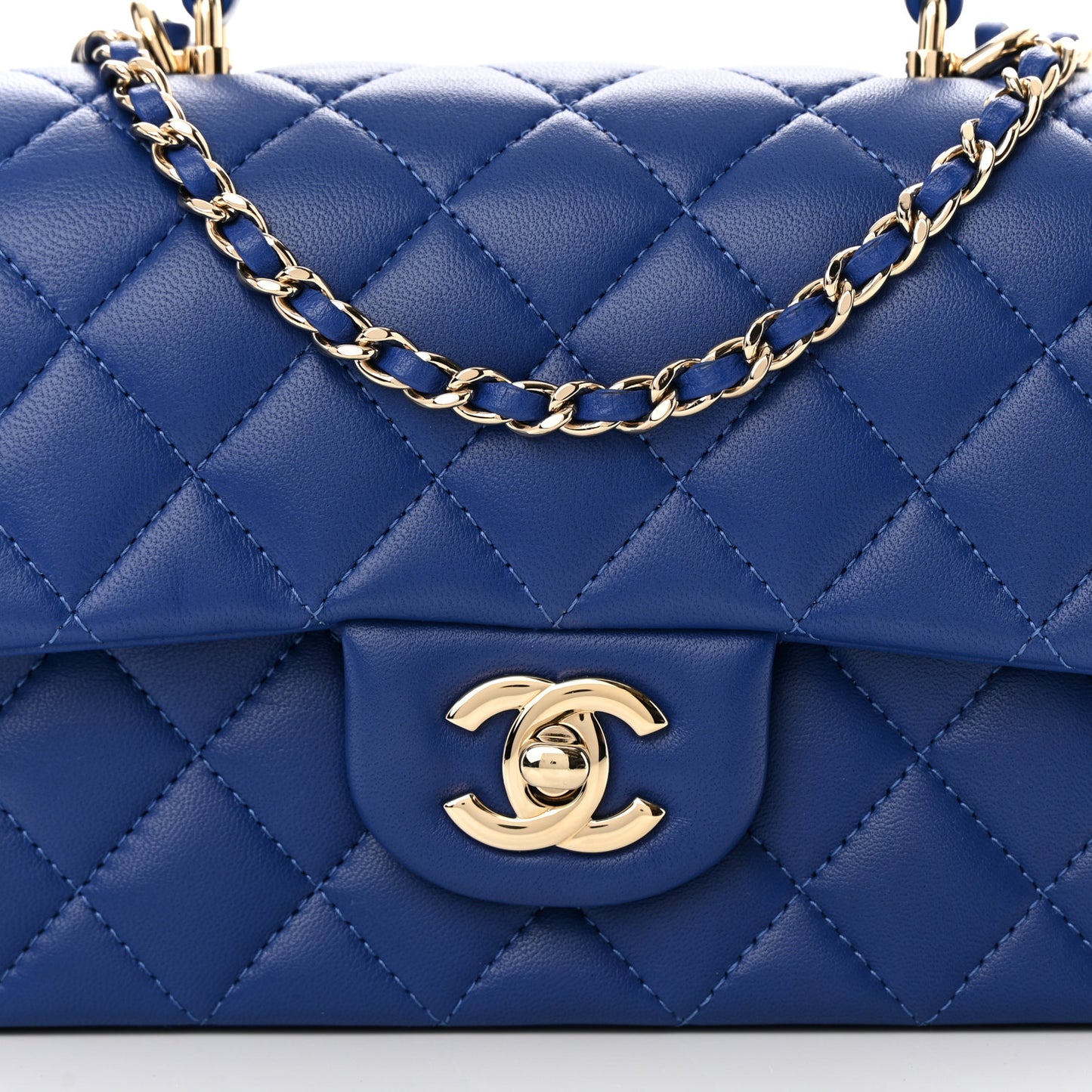 Lambskin Quilted Mini Top Handle Rectangular Flap Blue