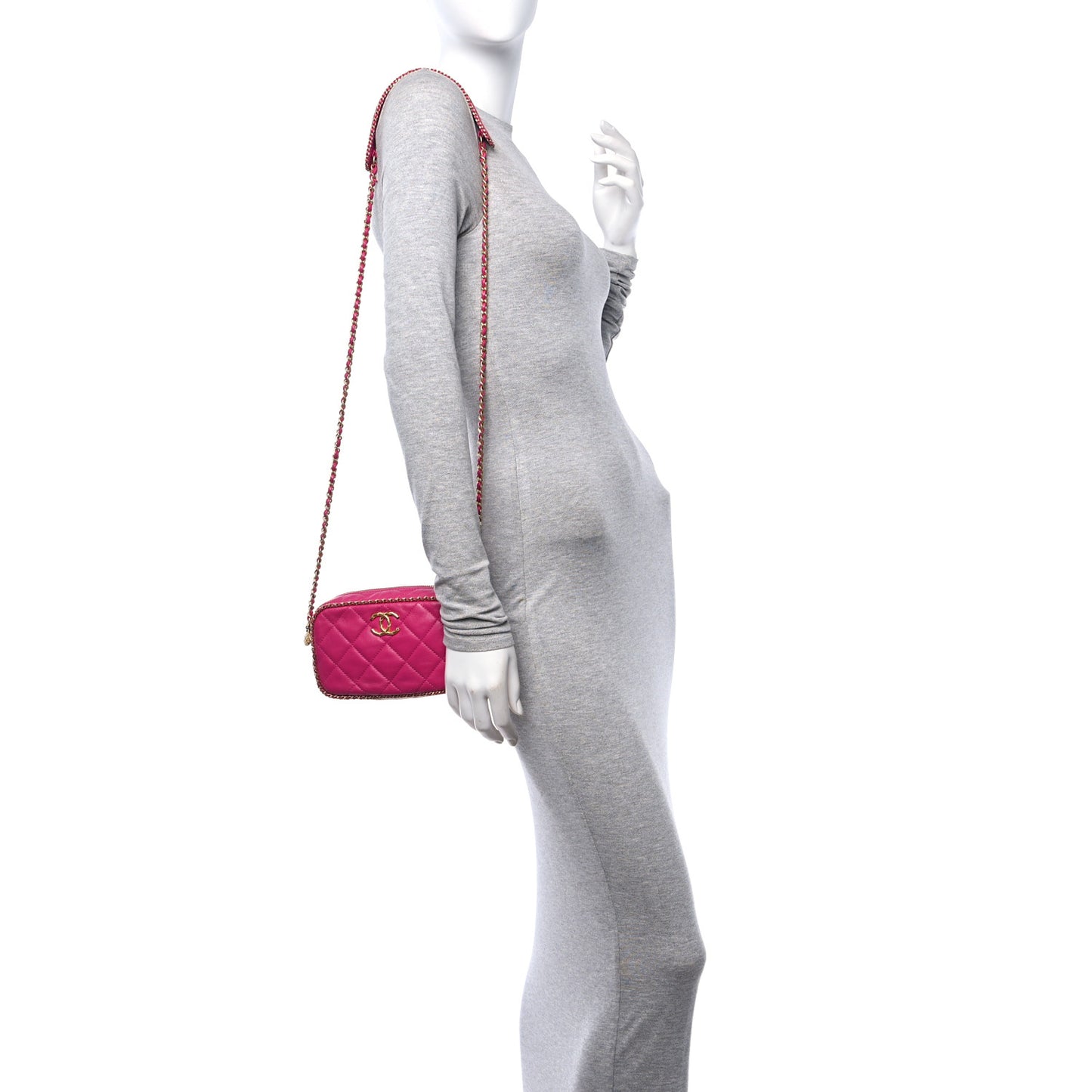 Lambskin Quilted Chain CC Mini Camera Case Fuchsia