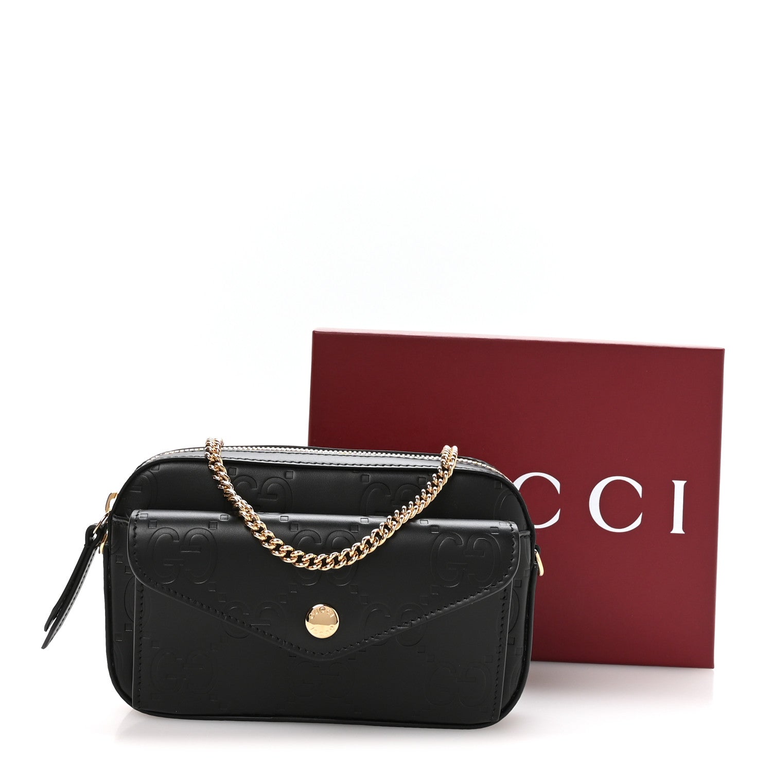 Gucci Calfskin GG Super Mini Debossed Chain Wallet Black 11 of 11