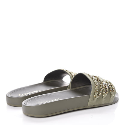 Chanel Canvas Chain Flat Sandals 42 Khaki 4 of 9