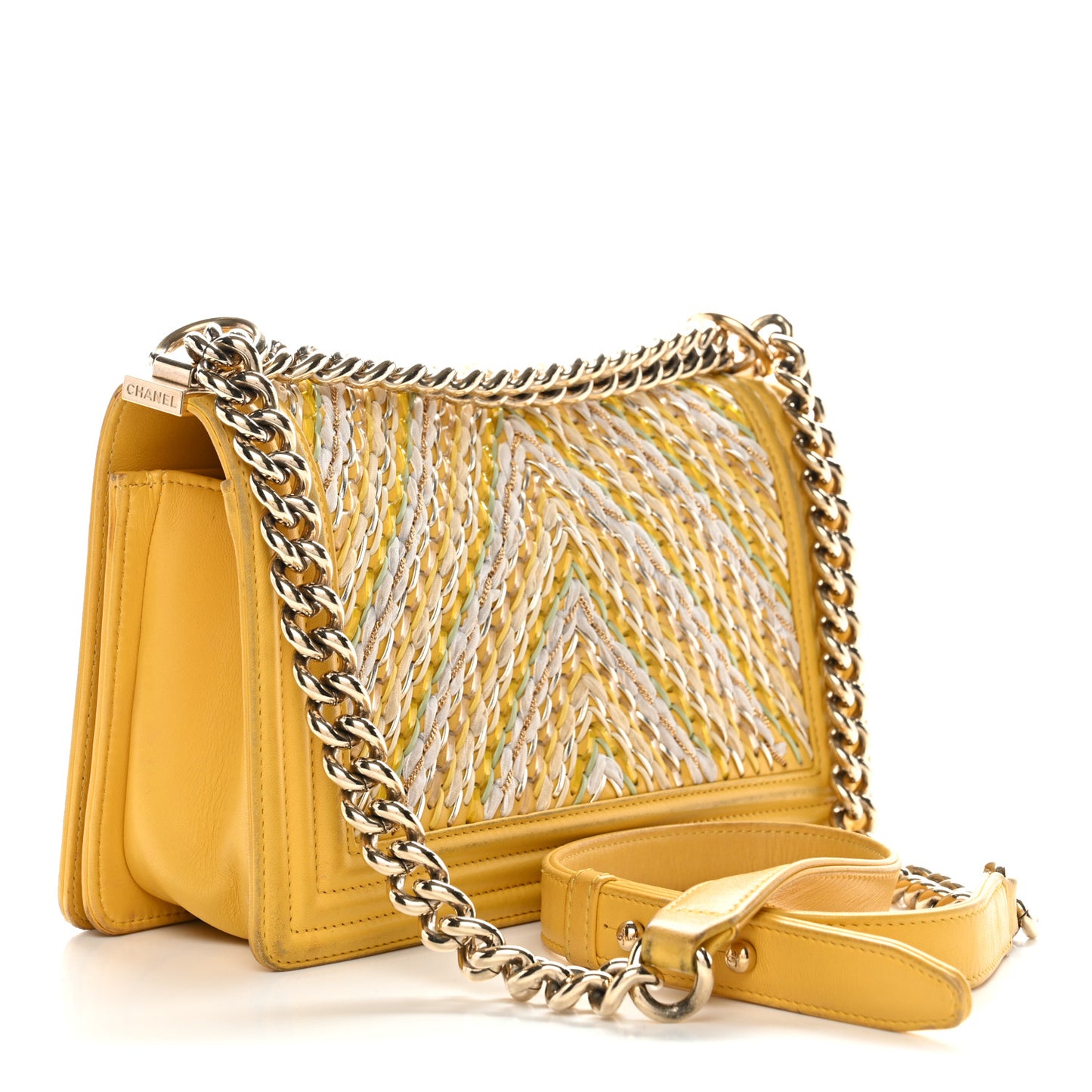 Calfskin Chevron Embroidered Medium Flap Yellow