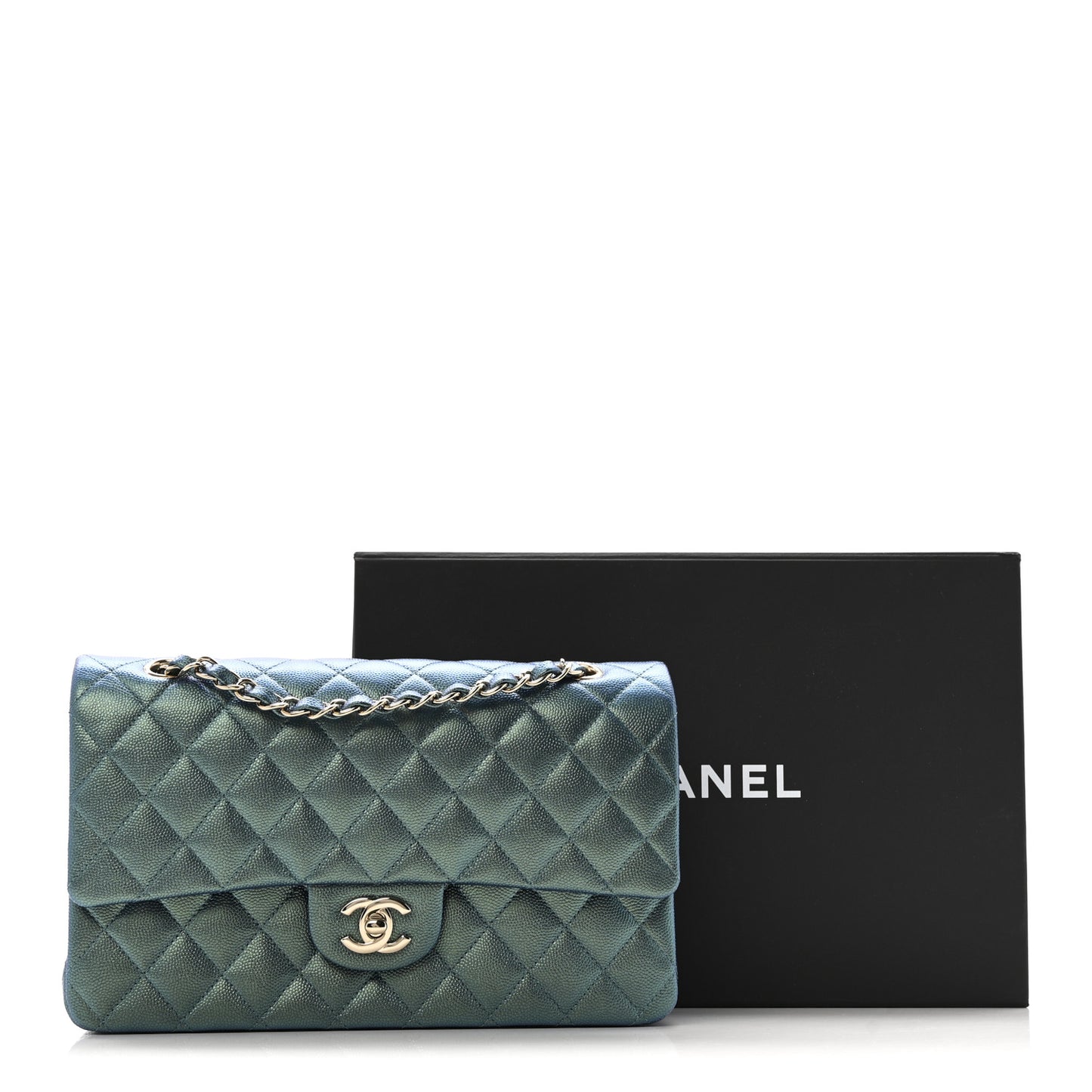 Iridescent Caviar Quilted Medium Double Flap Green