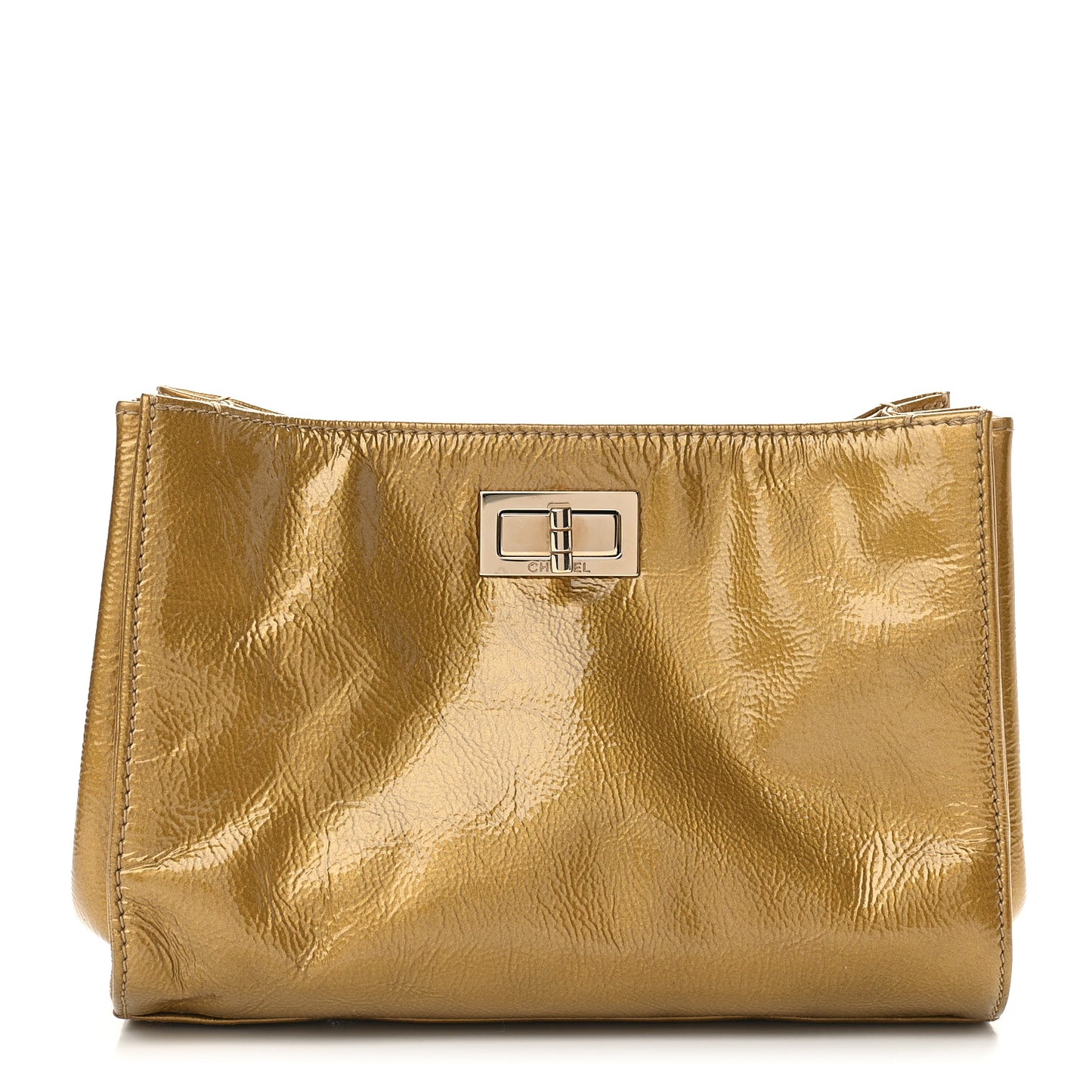 Metallic Patent Mademoiselle Lock Convertible Wrist Clutch Bag Gold