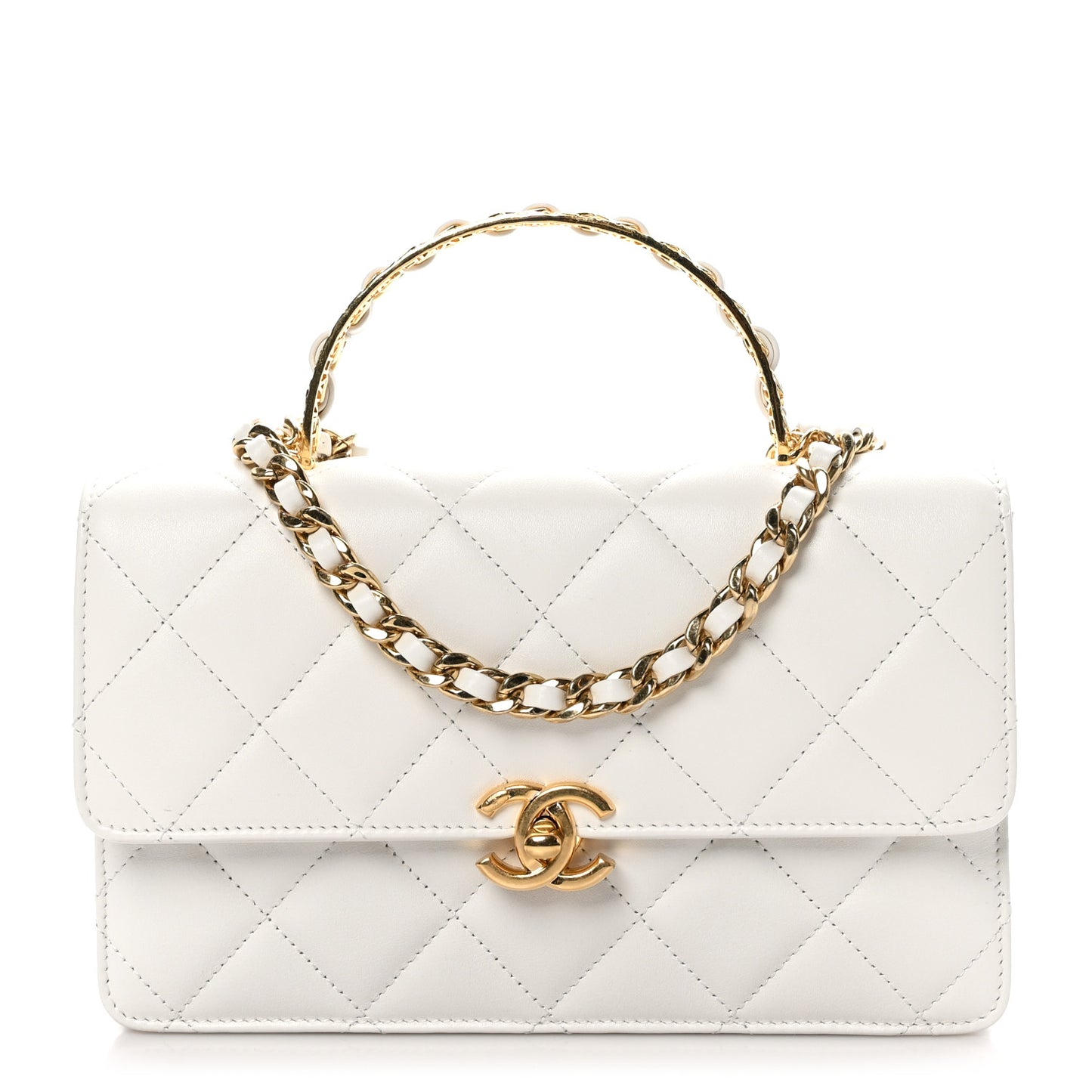 Shiny Calfskin Quilted Small Metal Top Handle Flap White