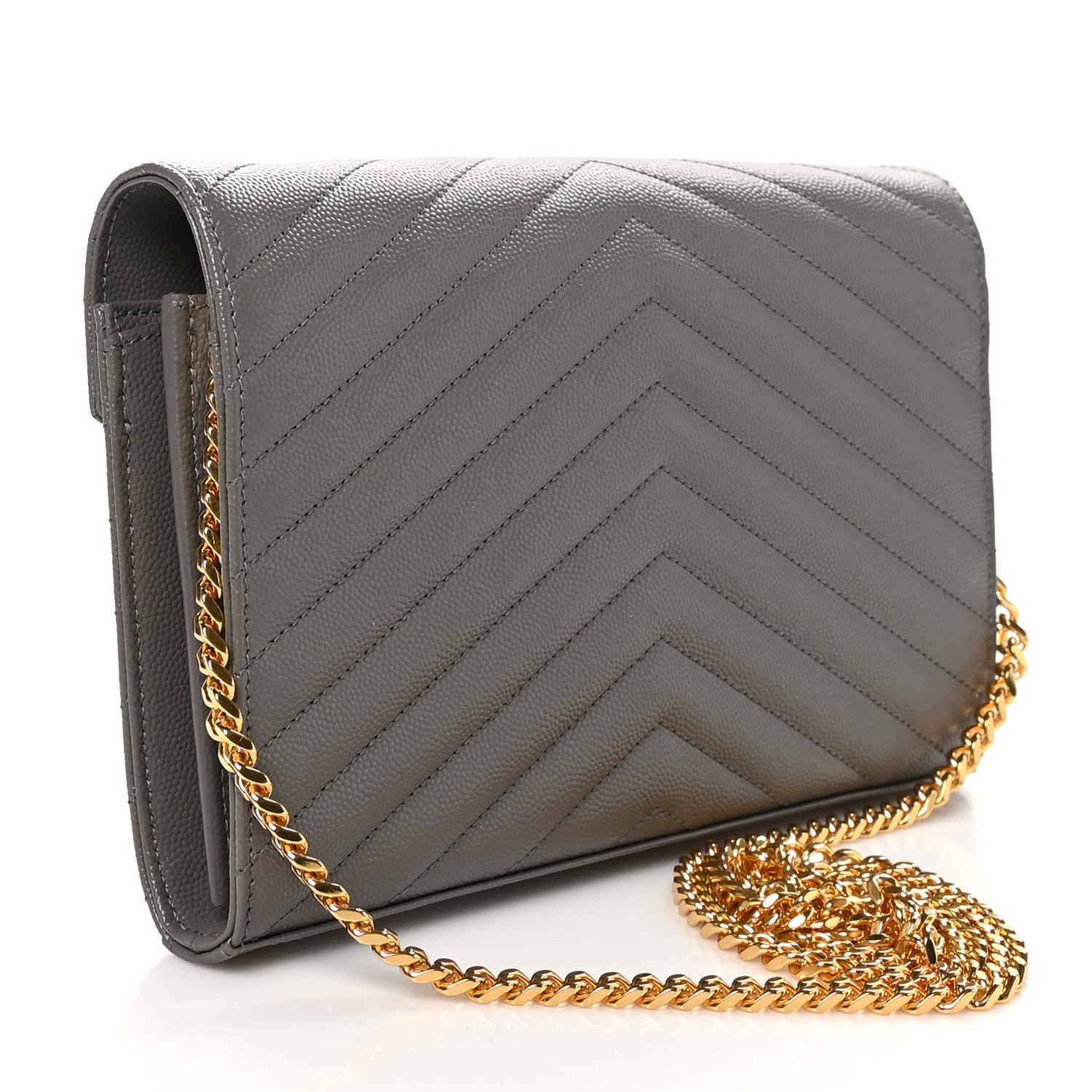 Saint Laurent Grain De Poudre Matelasse Chevron Monogram Chain Wallet Fog 3 of 10