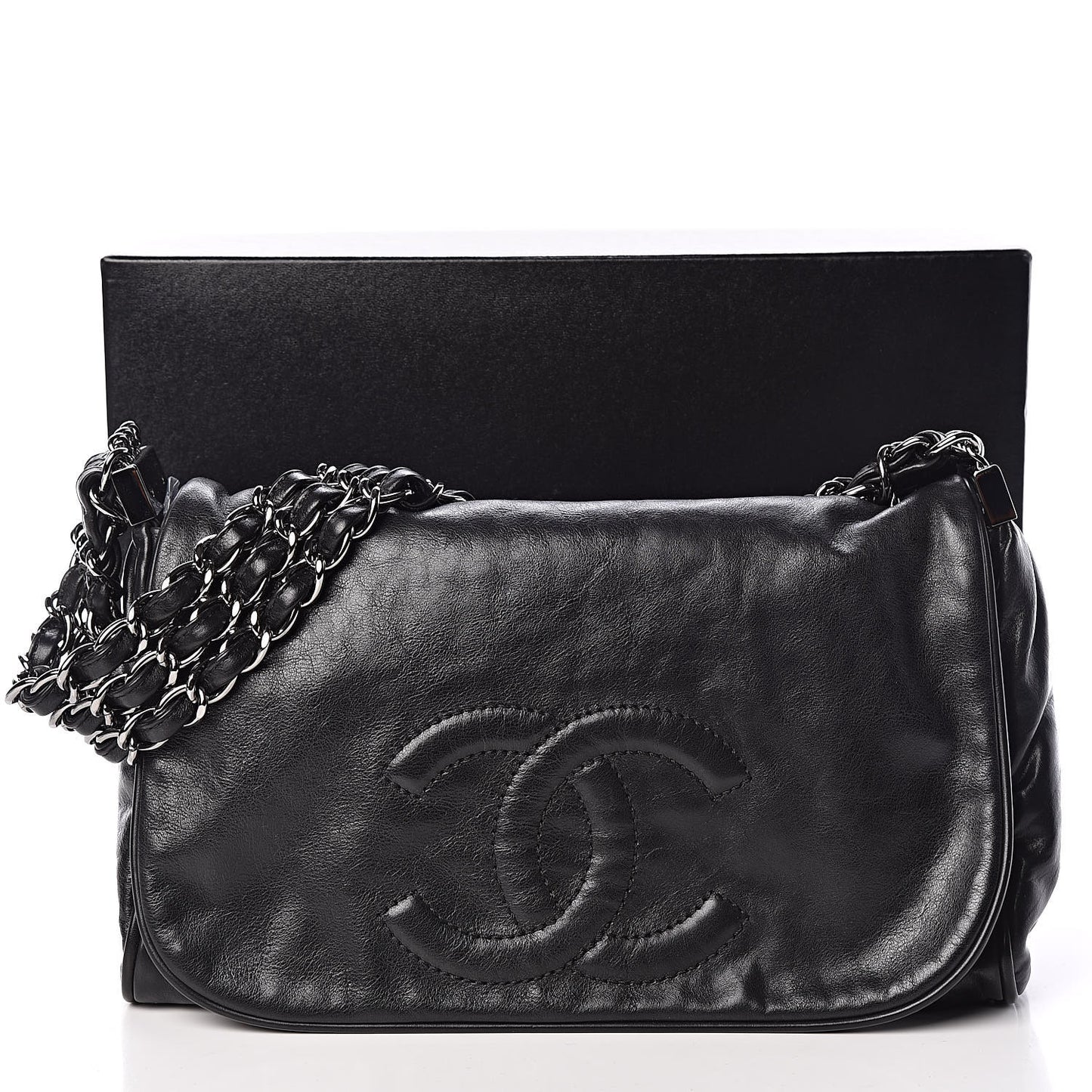 Calfskin Small Rock and Chain Flap Black