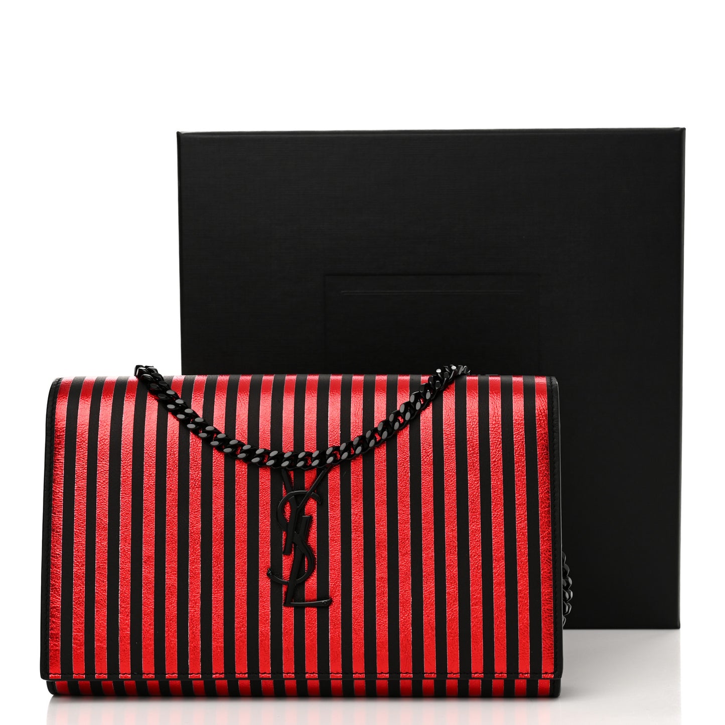 Metallic Striped Monogram Chain Wallet Red Black