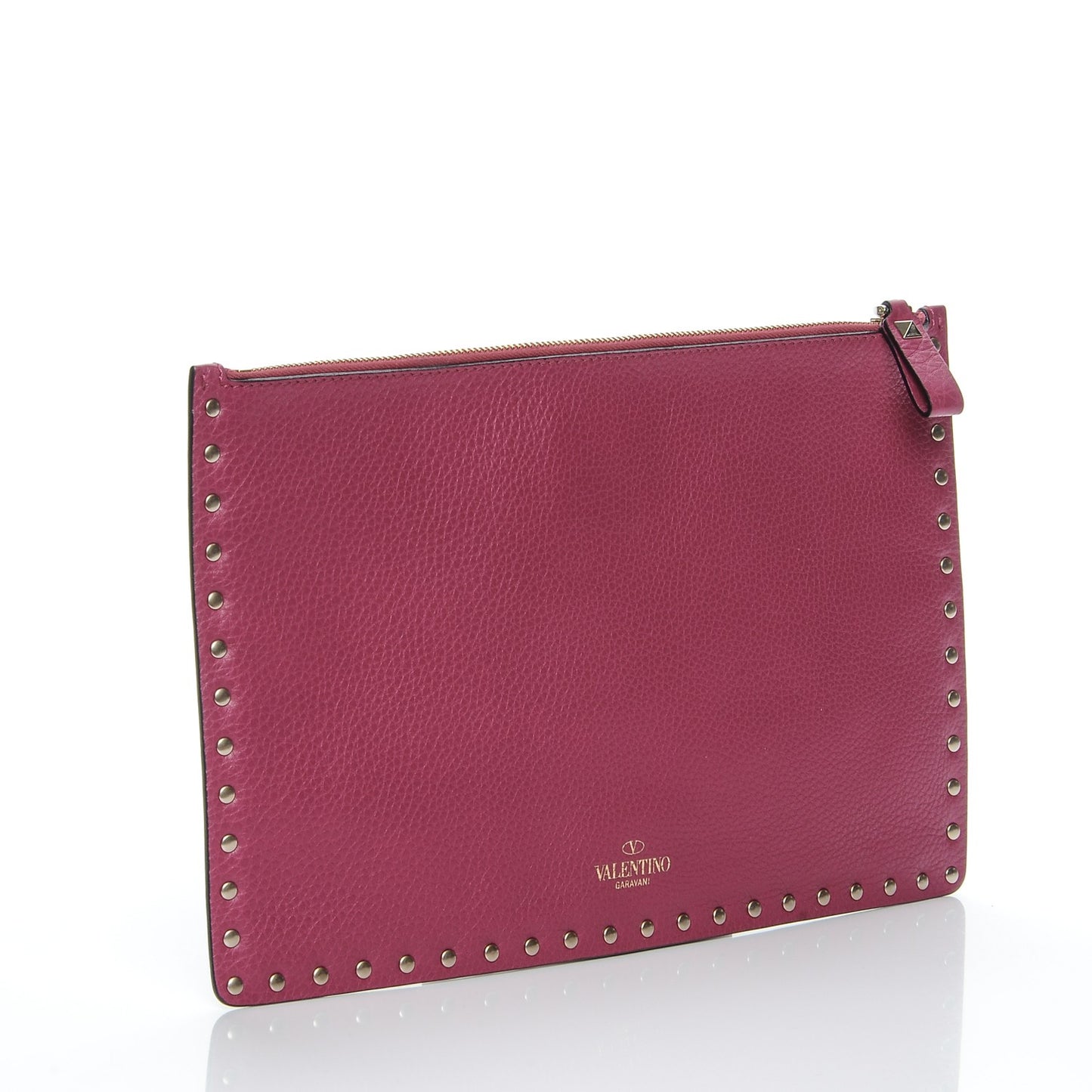 Pebbled Calfskin Large Rockstud Zip Pouch Deep Cyclamin