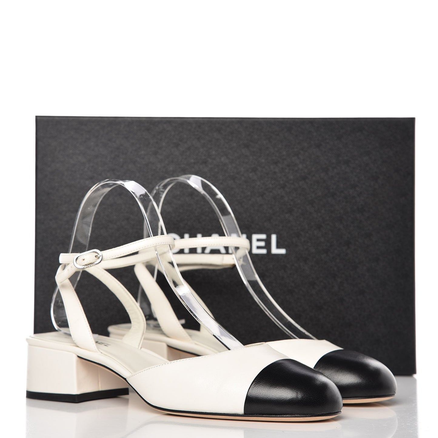 Lambskin Cap Toe CC Ankle Strap Sandals 38.5 White Black