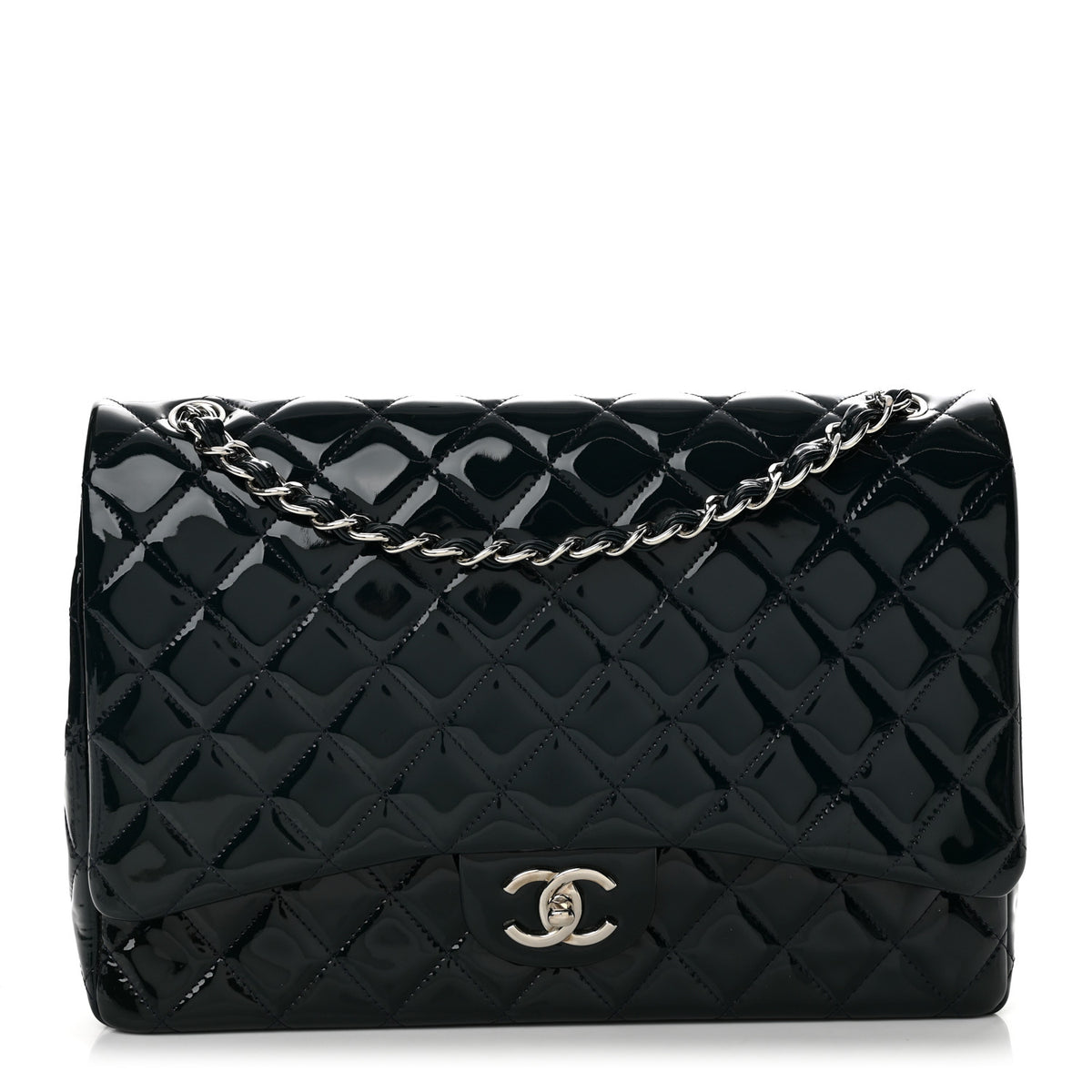 Patent Quilted Maxi Double Flap Navy Blue