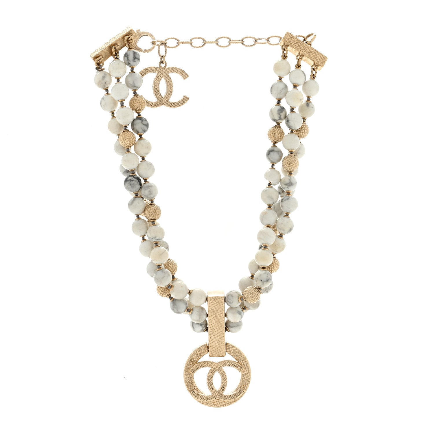 Chanel Metal Marble CC Pendant Choker Necklace Gold White 2 of 4