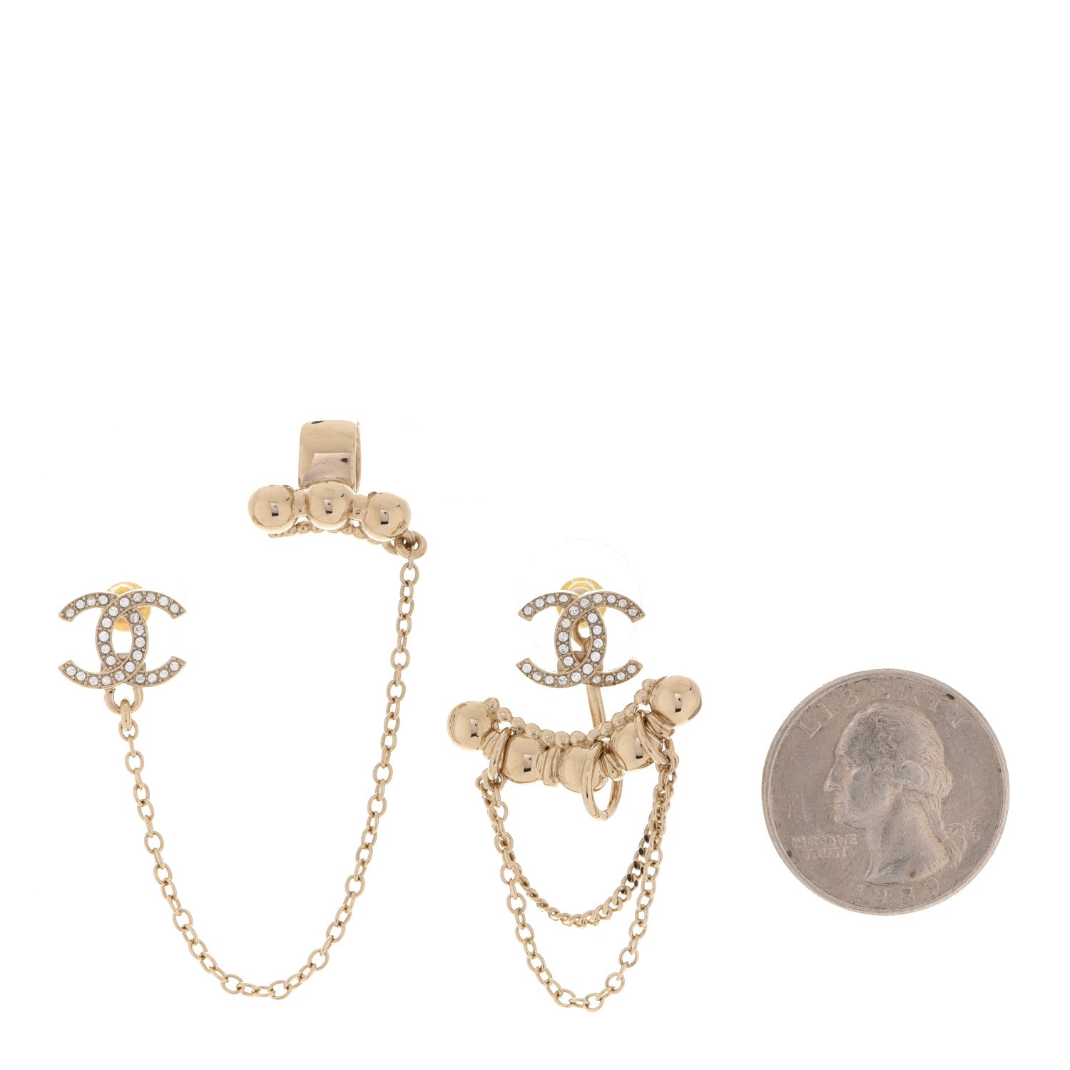 Chanel Metal Crystal CC Chain Cuff Earrings Gold 2 of 5