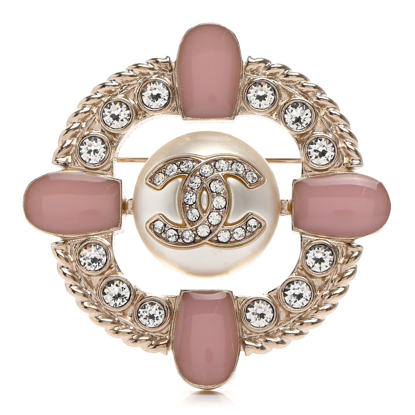 Crystal Pearl Enamel CC Brooch Gold Pink