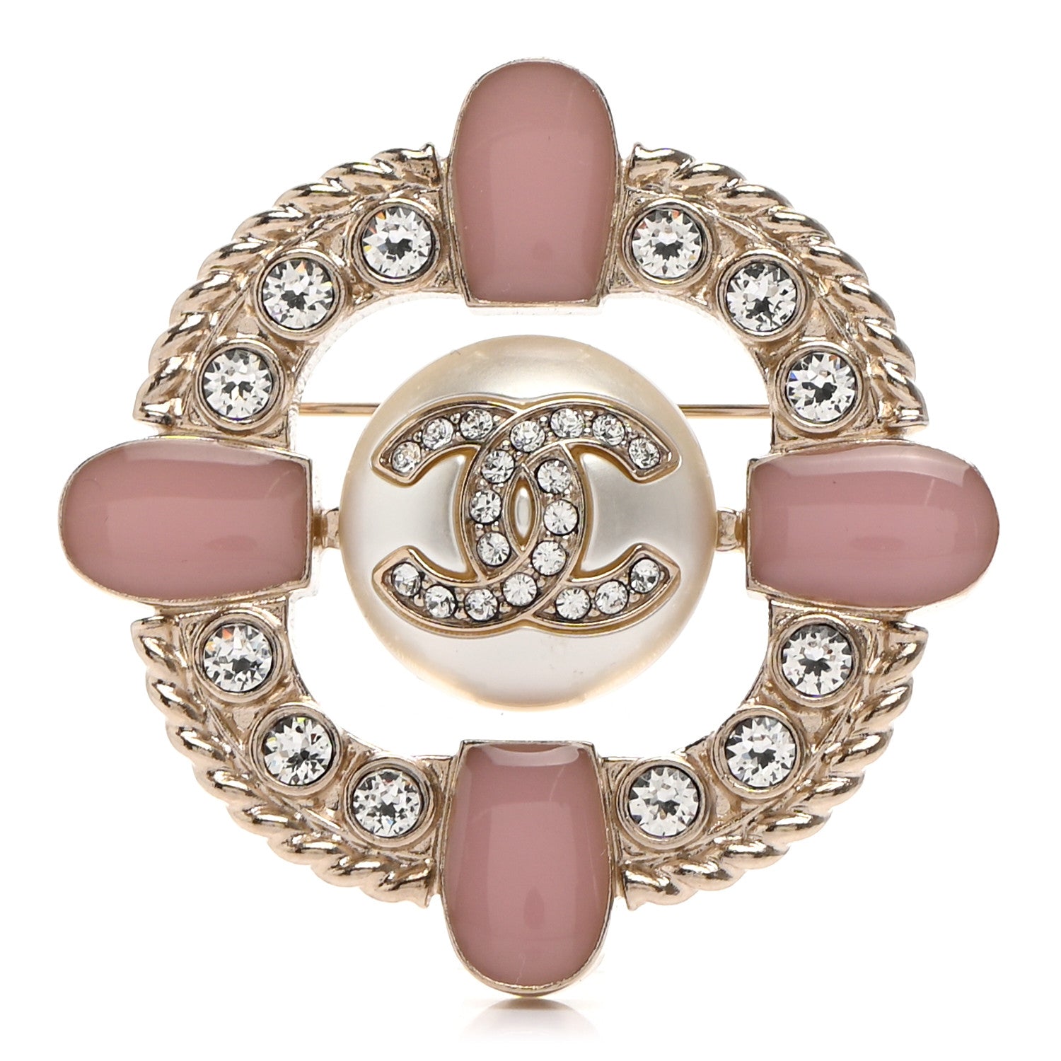 Chanel Crystal Pearl Enamel CC Brooch Gold Pink 1 of 5