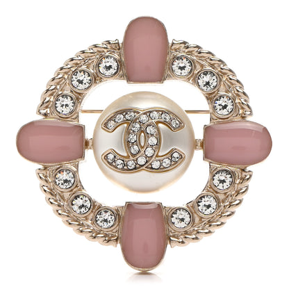 Chanel Crystal Pearl Enamel CC Brooch Gold Pink 1 of 5