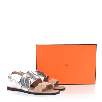 Hermes Metallic Nappa Chevre Velours Womens Grace Sandals 39 Gris Argente Beige 10 of 10