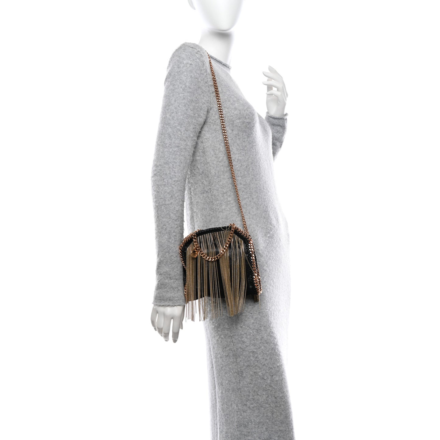 Eco Suede Tiny Fringe Falabella Tote Black Gold