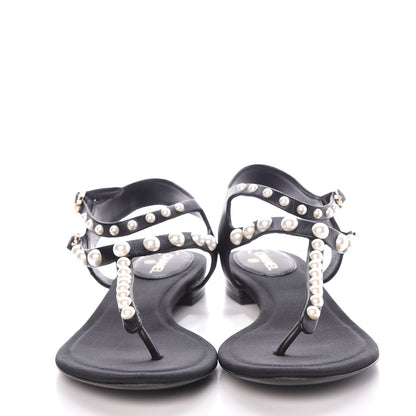 Chanel Lambskin Pearl Thong Sandals 38 Black 2 of 24
