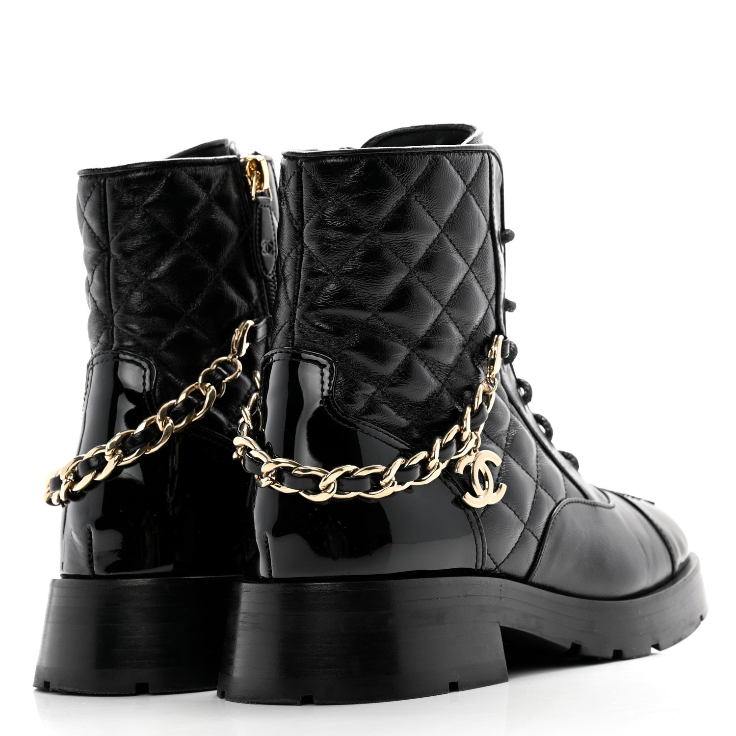 Chanel Shiny Calfskin Patent Quilted Chain Lace Up Combat Boots 36 Black 4 of 12