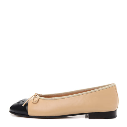 Chanel Lambskin Cap Toe CC Ballerina Flats 36.5 Beige Black 1 of 12