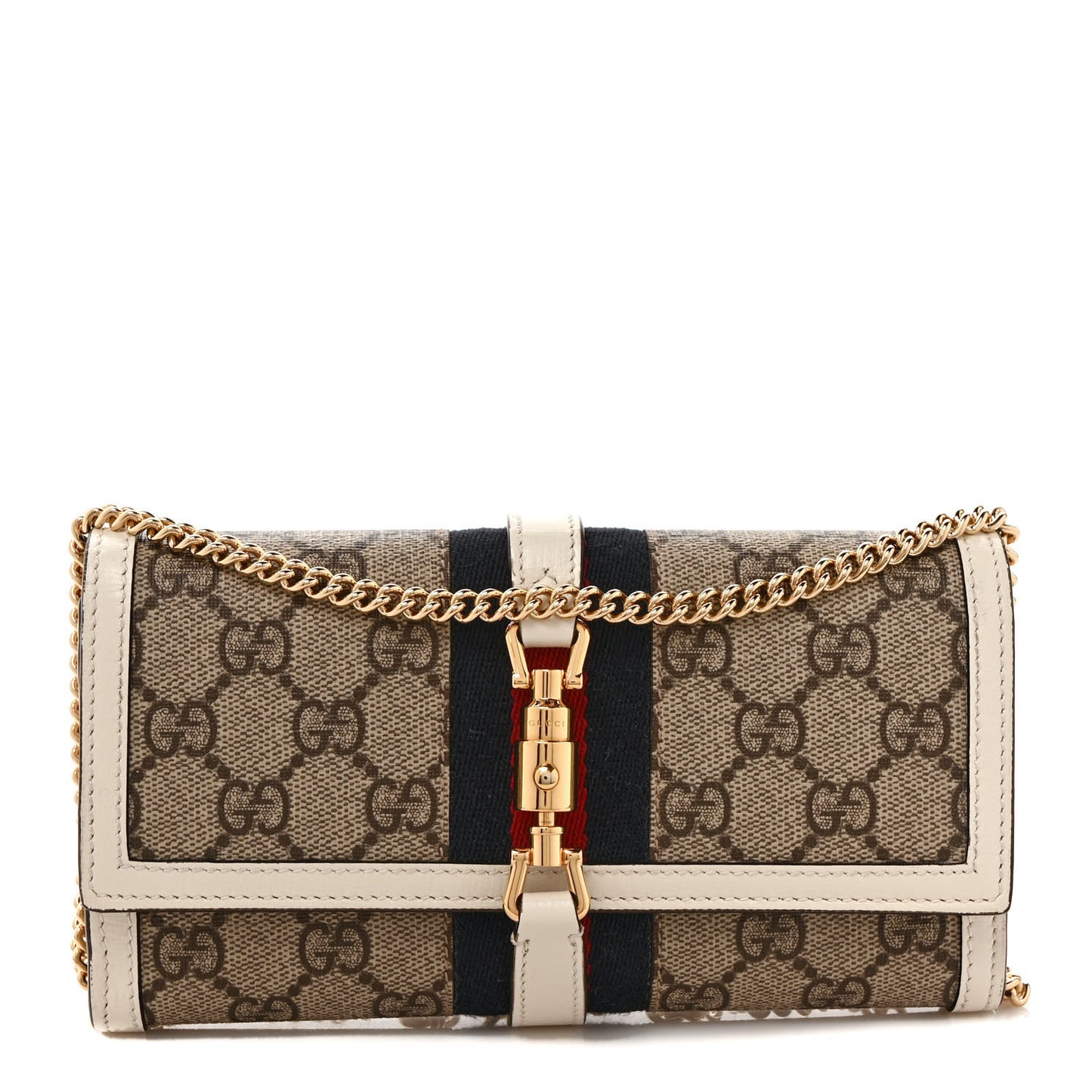 GG Supreme Monogram Textured Calfskin Web Jackie 1961 Chain Wallet Beige Ebony Mystic White