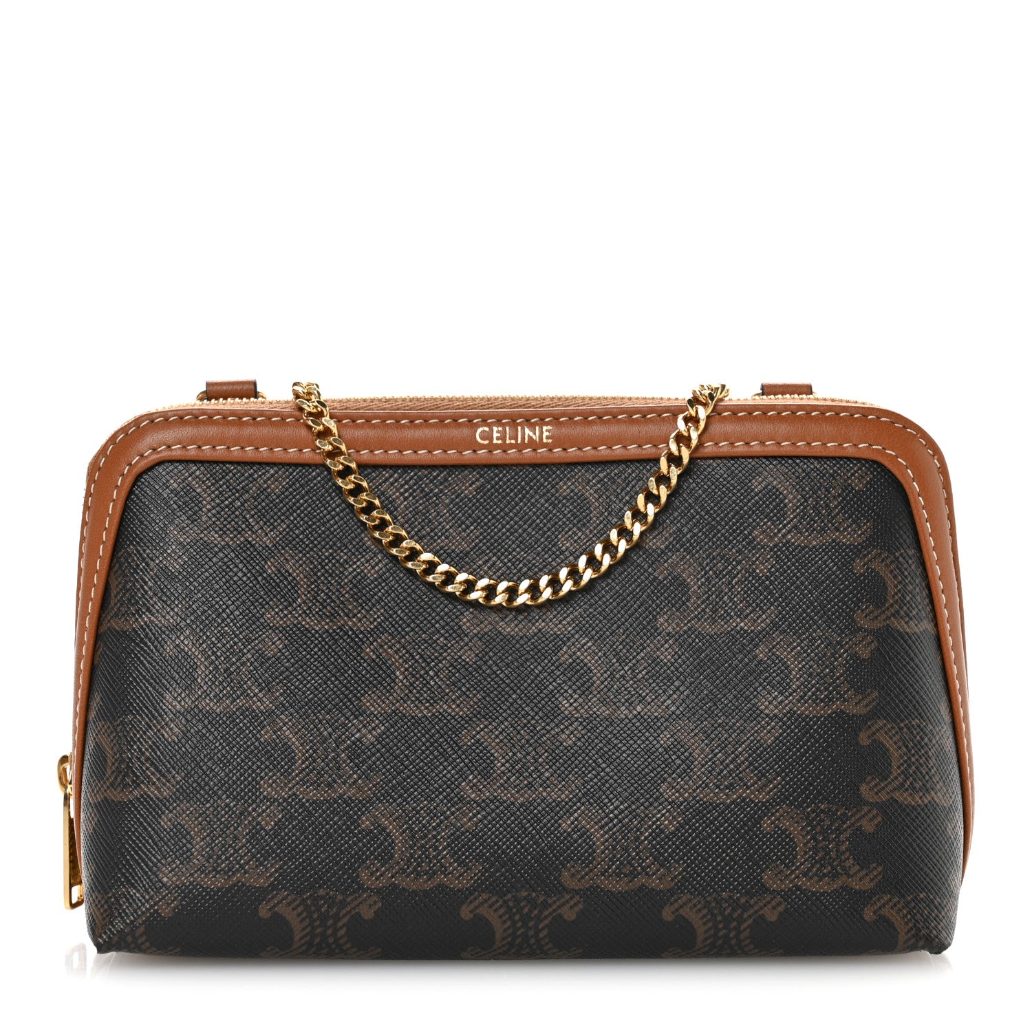 Celine Triomphe Canvas Lambskin Clutch On Chain Tan 9 of 12