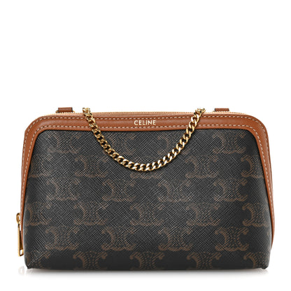 Celine Triomphe Canvas Lambskin Clutch On Chain Tan 9 of 12