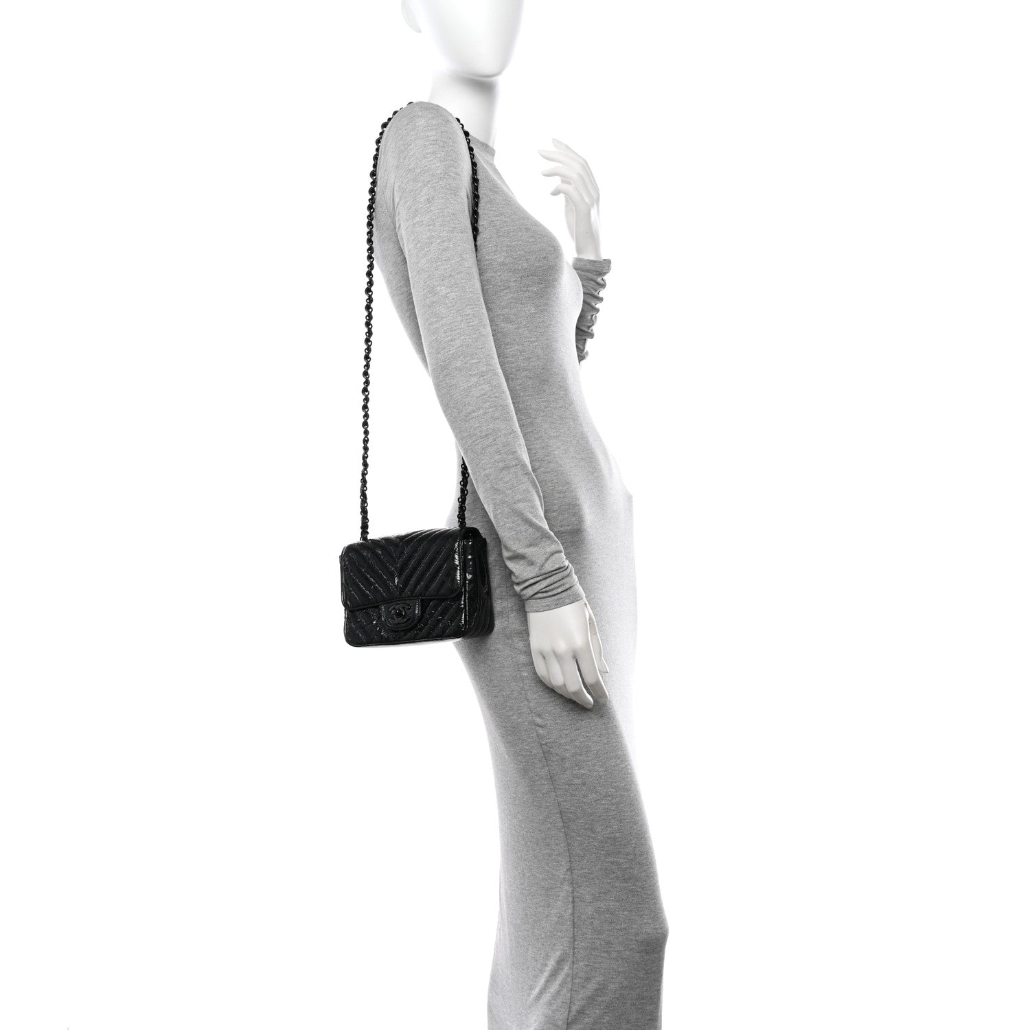 Chanel Metallic Patent Crumpled Calfskin Chevron Quilted Mini Square Flap Black 1 of 14