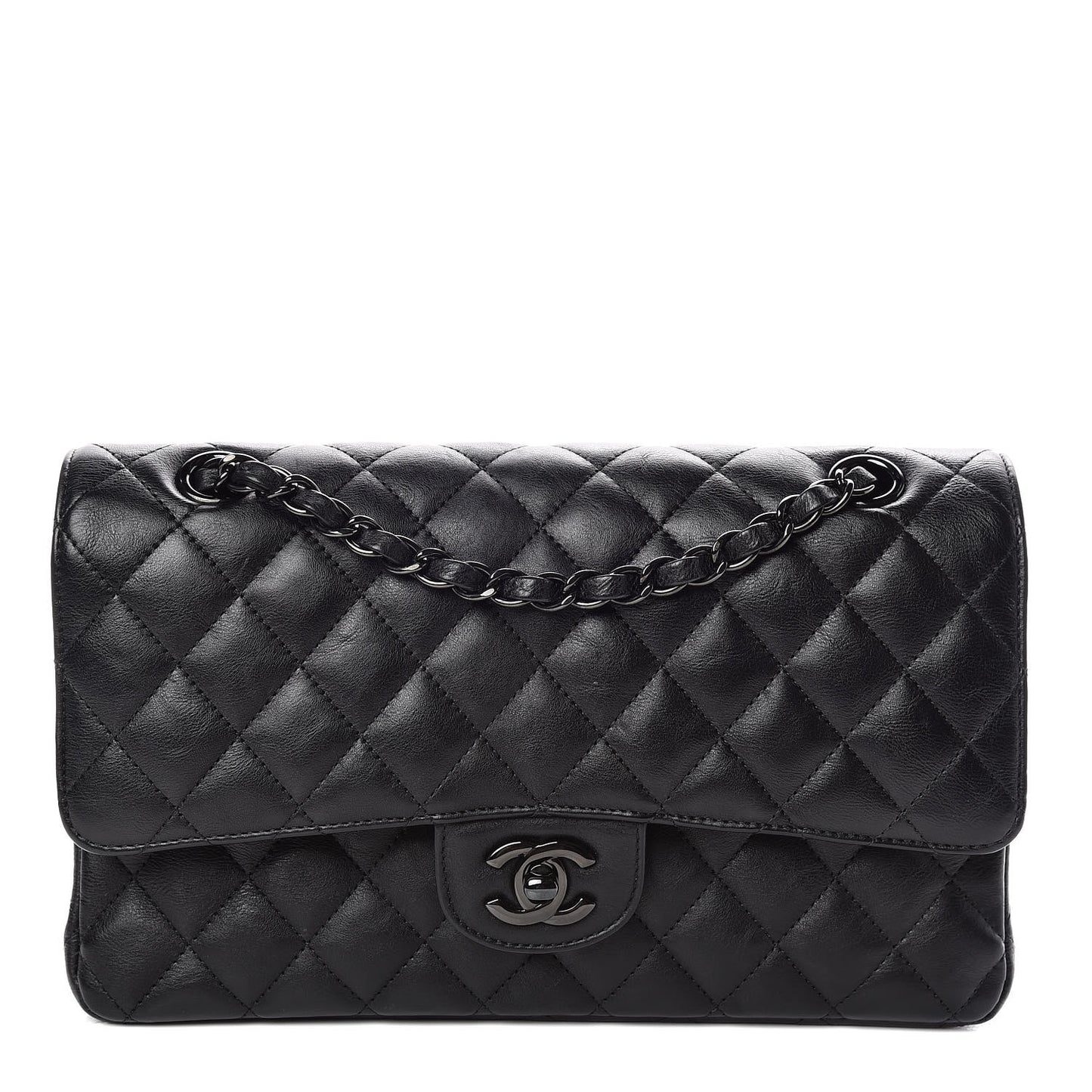 Crumpled Calfskin Quilted Medium Double Flap So Black