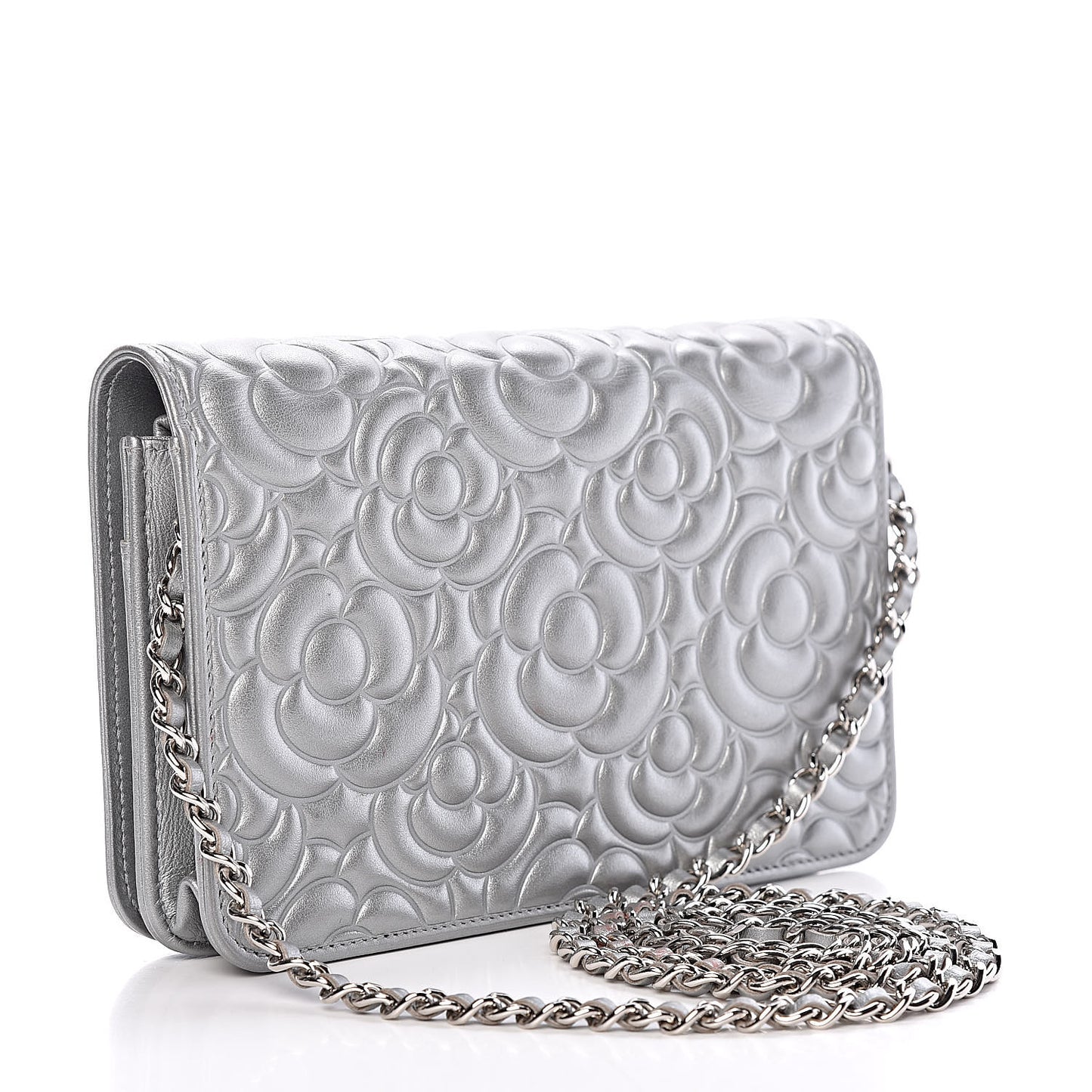 Metallic Lambskin Camellia Crystal Wallet on Chain WOC Silver